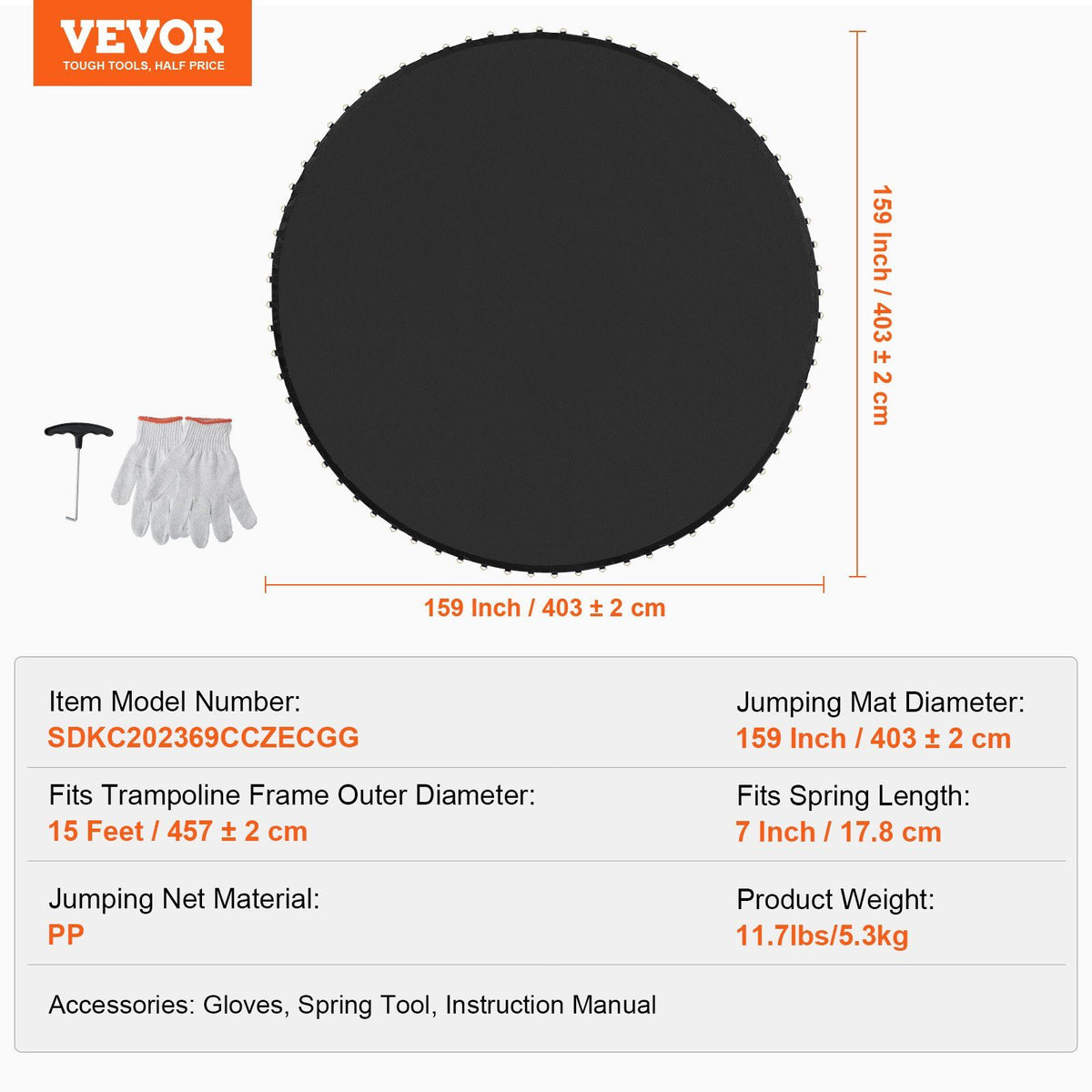 Replacement Trampoline Mat, Jumping Mat Fits 15ft Frame, Universal Jumping Mat for 15ft Round Trampoline, Reinforce UV-Resistant Mat with Spring Tool & Durable V-Rings, Fit 7" Spring Length
