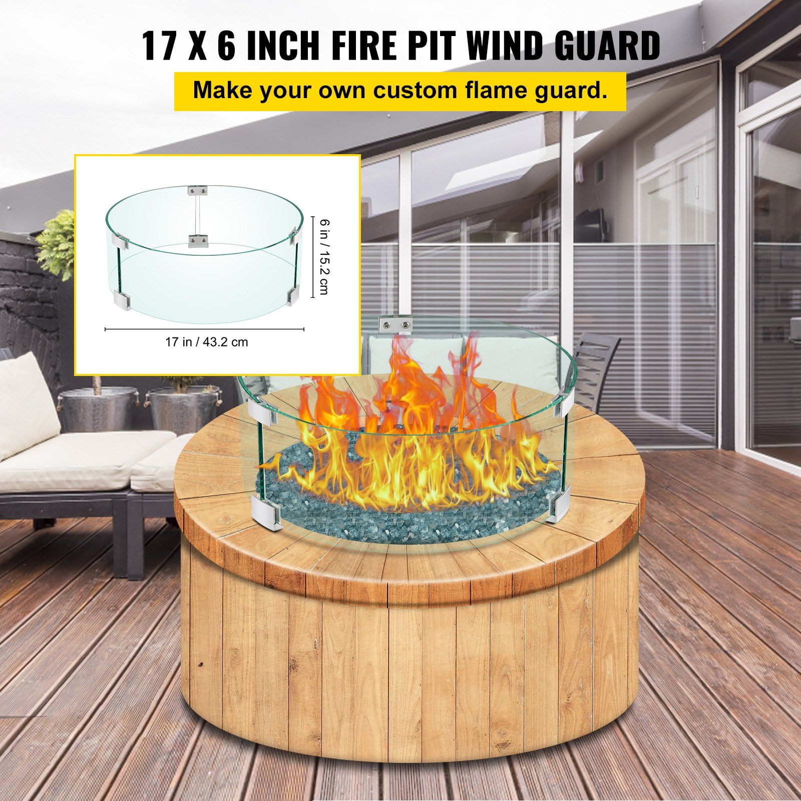Fire Pit Wind Guard Tempered Glass Flame Guard 17x17x6 In 1/4-In Thick