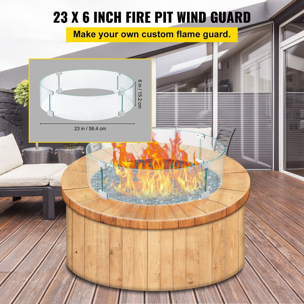 VEVOR Fire Pit Wind Guard, Glass Flame Guard, Round Glass Shield, 1/4-Inch Thick Fire Table, Clear Tempered Glass Flame Guard, Aluminum Alloy Feet for Propane, Gas, Outdoor (23 x 23 x 6 Inch)