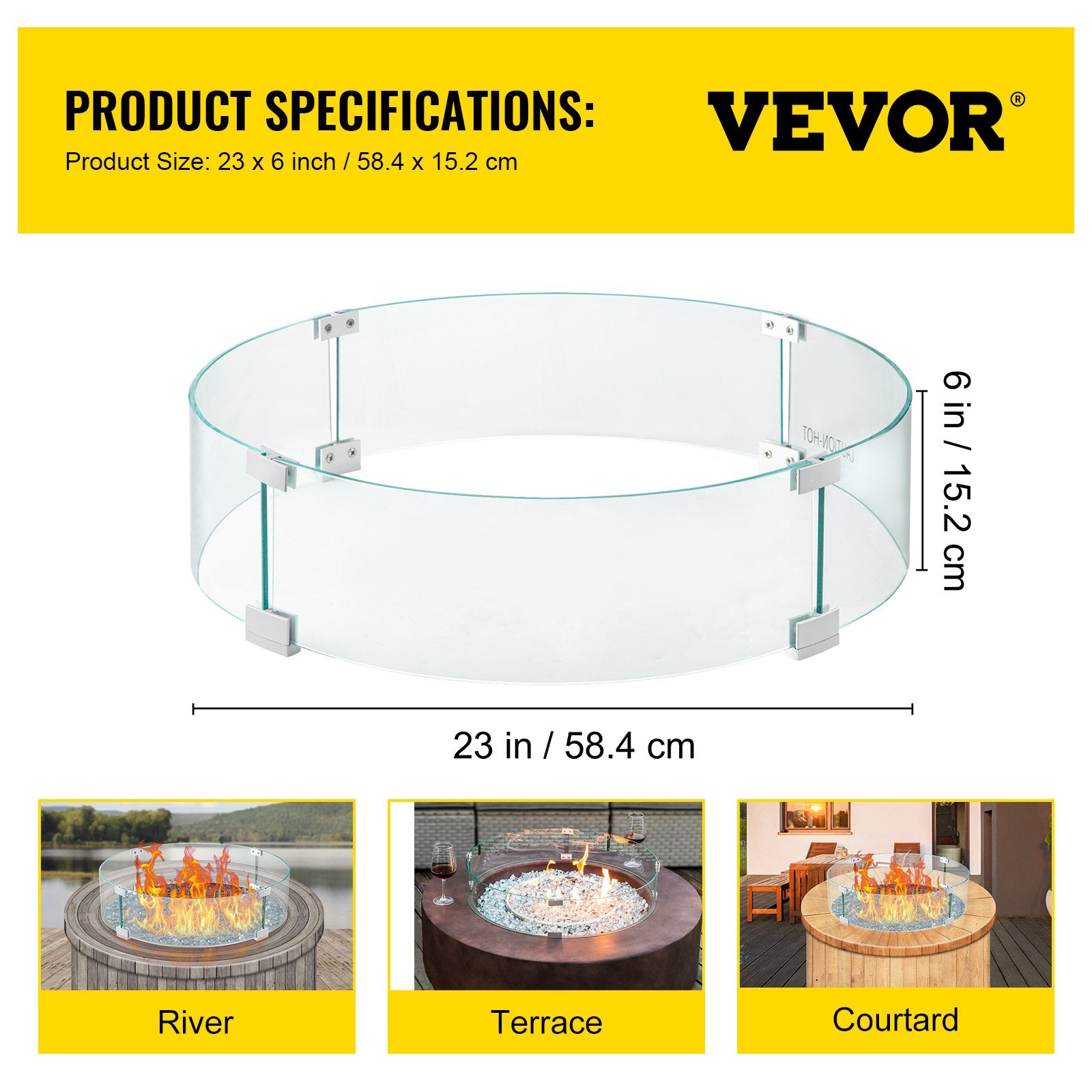 VEVOR Fire Pit Wind Guard, Glass Flame Guard, Round Glass Shield, 1/4-Inch Thick Fire Table, Clear Tempered Glass Flame Guard, Aluminum Alloy Feet for Propane, Gas, Outdoor (23 x 23 x 6 Inch)