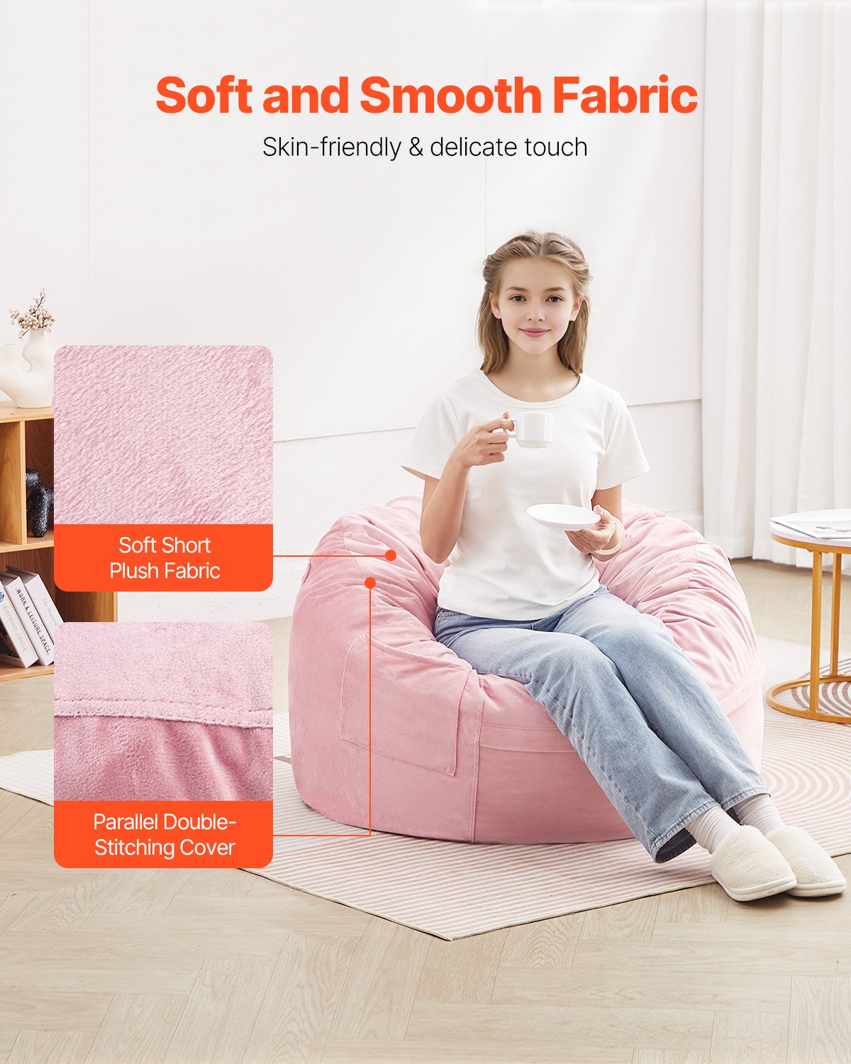 VEVOR 91 cm Round Bean Bag Chair with Removable Cover & Dutch Velvet Pink