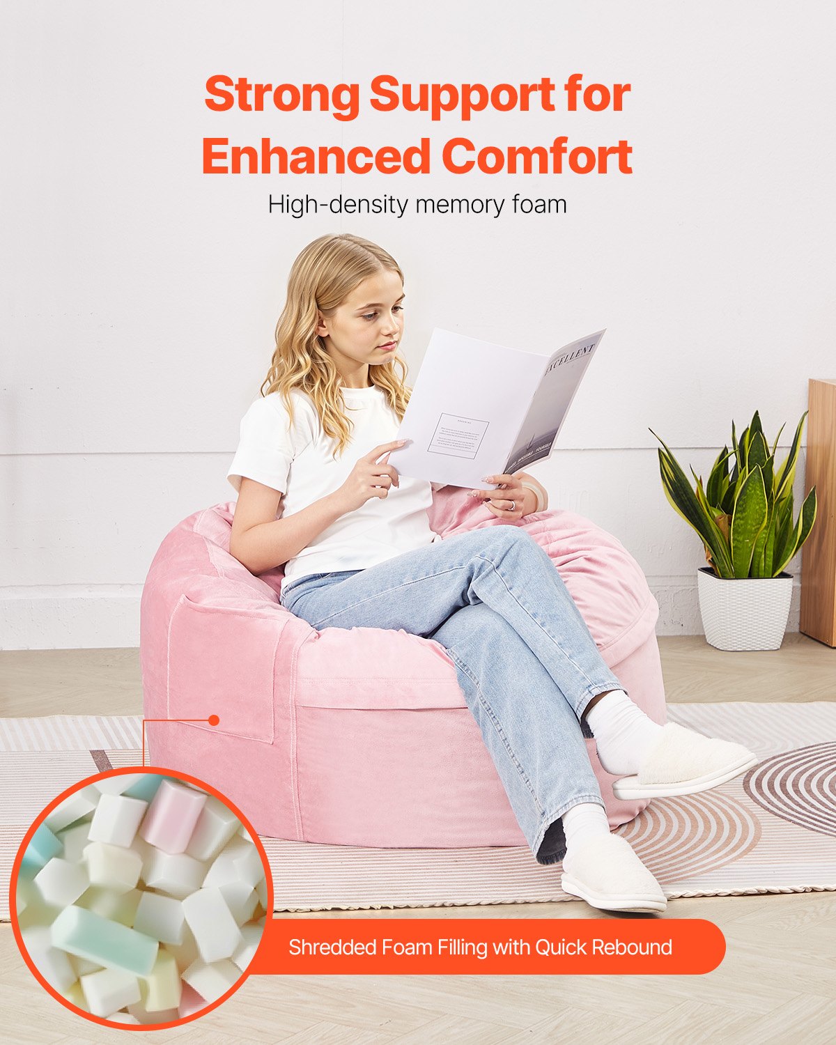 VEVOR 91 cm Round Bean Bag Chair with Removable Cover & Dutch Velvet Pink