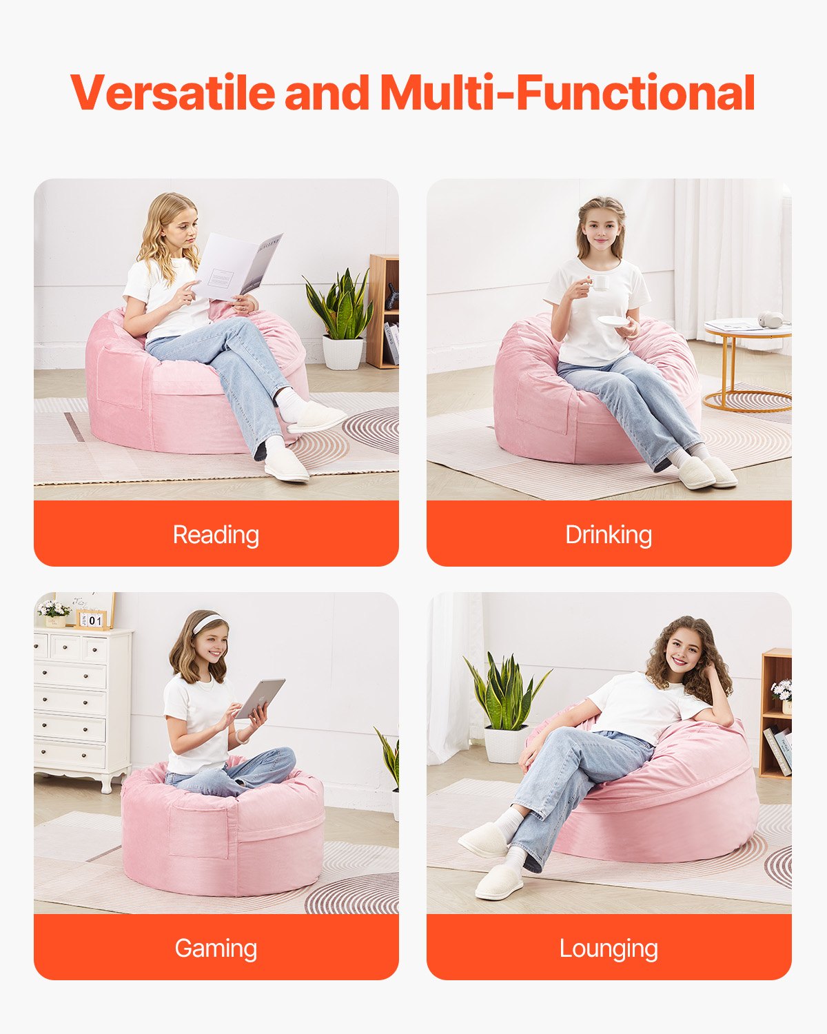 VEVOR 91 cm Round Bean Bag Chair with Removable Cover & Dutch Velvet Pink