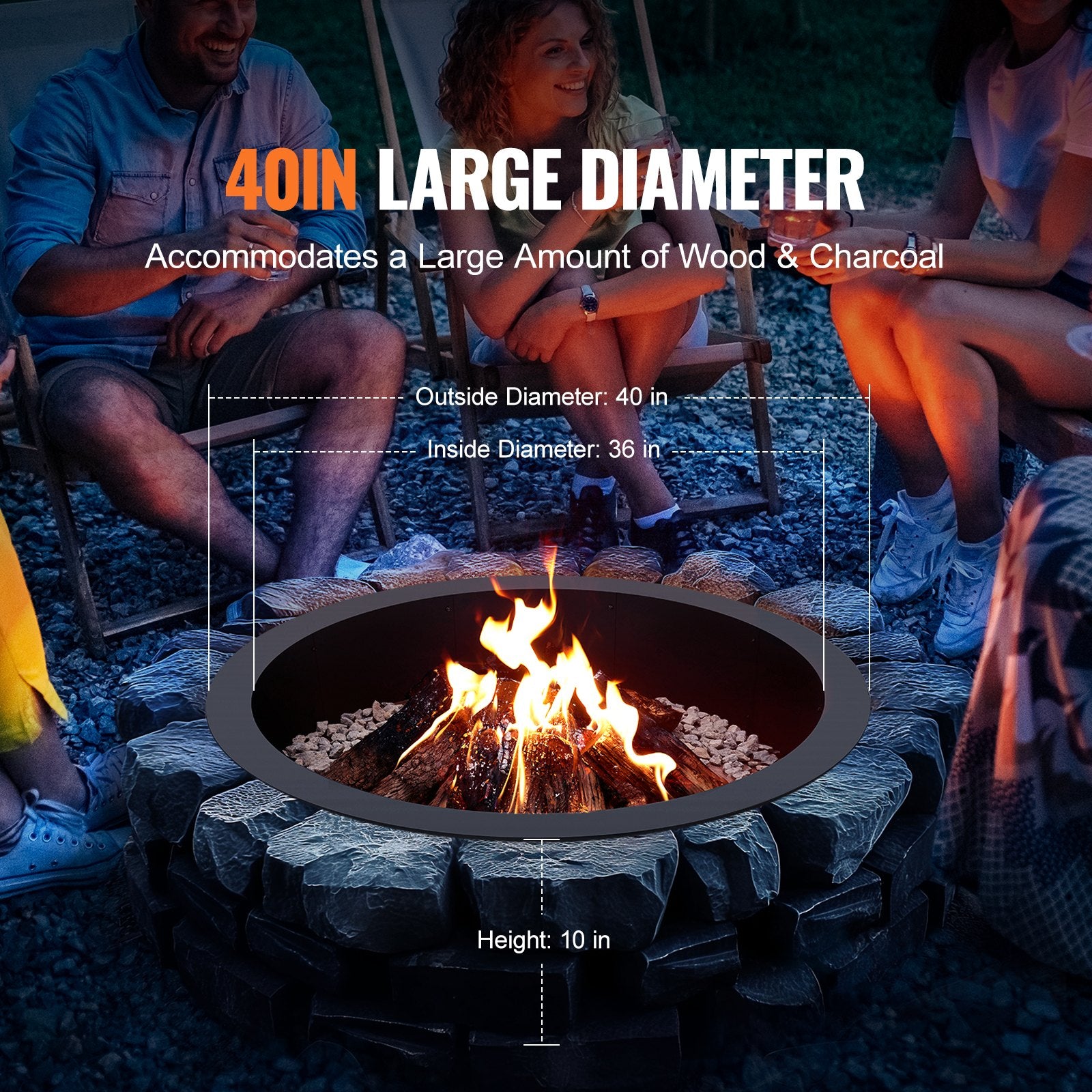VEVOR Fire Pit Ring, 40-Inch Outer/36-Inch Inner Diameter, 10inch Height 2.5mm Thick Fire Pit Insert, Heavy Duty Carbon Steel Liner DIY Campfire Ring above or In-Ground, for Outdoor Camping, Bonfires