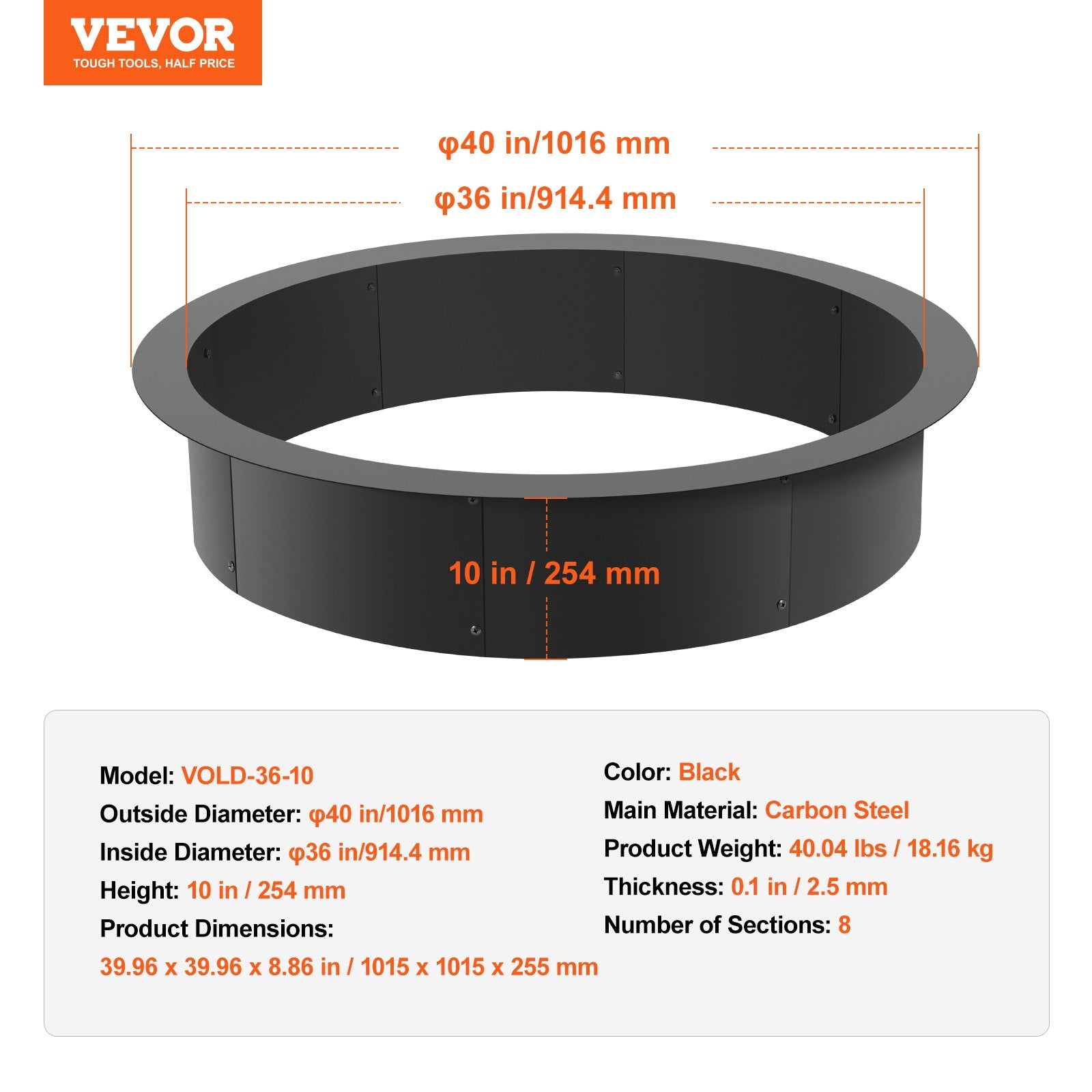 VEVOR Fire Pit Ring, 40-Inch Outer/36-Inch Inner Diameter, 10inch Height 2.5mm Thick Fire Pit Insert, Heavy Duty Carbon Steel Liner DIY Campfire Ring above or In-Ground, for Outdoor Camping, Bonfires