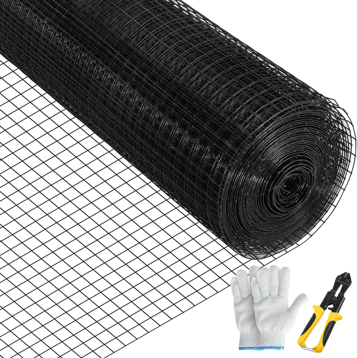 VEVOR Hardware Cloth, 24\&quot; x50\&#39; &amp; 1\&quot;x1\&quot; Mesh Size, Galvanized Steel Vinyl Coated 16 Gauge Welded Wire with A Cutting Plier &amp; A Pair of Fabric Gloves, for Garden Fencing &amp; Pet Enclosures, Black