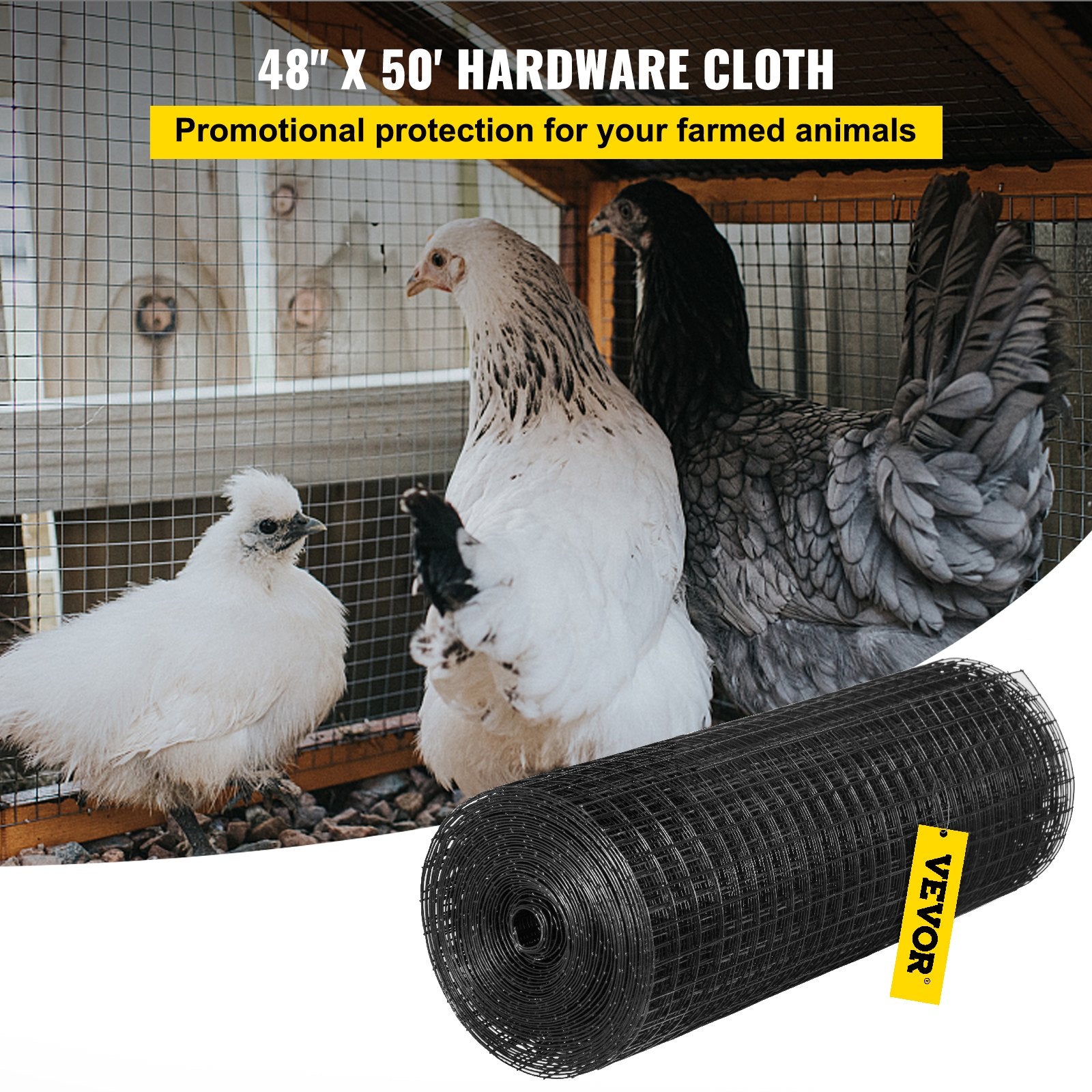VEVOR Hardware Cloth, 48\" x 50\' & 1\"x1\" Mesh Size, Galvanized Steel Vinyl Coated 16 Gauge Chicken Wire Fencing with A Cutting Plier & A Pair of Fabric Gloves, for Garden Fencing & Pet Enclosures,