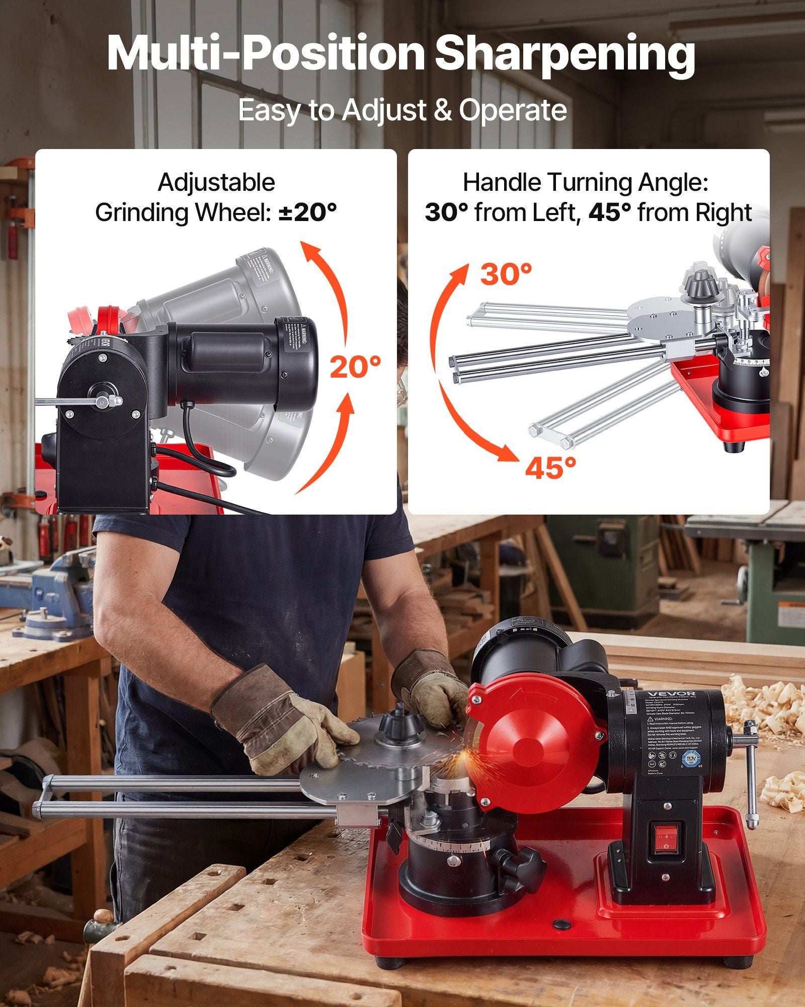 Circular Saw Blade Sharpener, 370W 2890RPM Rotary Angle Mill Grinder Sharpening Machine with 125mm Grinding Wheel & 6 Saw Centerings - Fits Φ80mm to Φ700mm Circular Saw Blades
