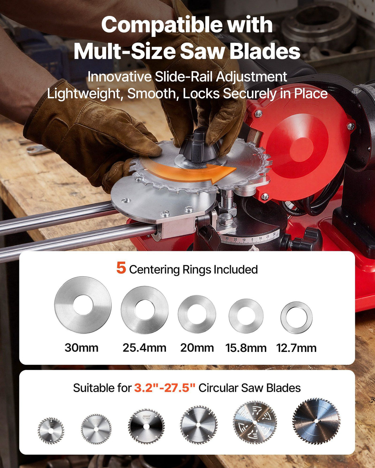 Circular Saw Blade Sharpener, 370W 2890RPM Rotary Angle Mill Grinder Sharpening Machine with 125mm Grinding Wheel & 6 Saw Centerings - Fits Φ80mm to Φ700mm Circular Saw Blades