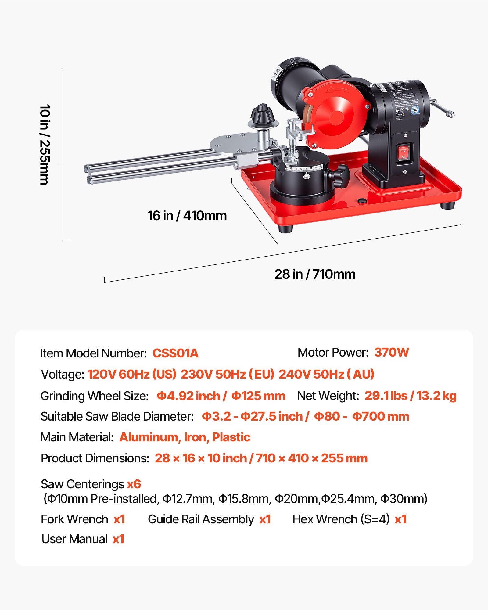 Circular Saw Blade Sharpener, 370W 2890RPM Rotary Angle Mill Grinder Sharpening Machine with 125mm Grinding Wheel & 6 Saw Centerings - Fits Φ80mm to Φ700mm Circular Saw Blades