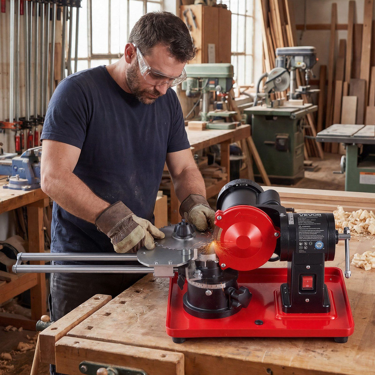 Circular Saw Blade Sharpener, 370W 2890RPM Rotary Angle Mill Grinder Sharpening Machine with 125mm Grinding Wheel & 6 Saw Centerings - Fits Φ80mm to Φ700mm Circular Saw Blades