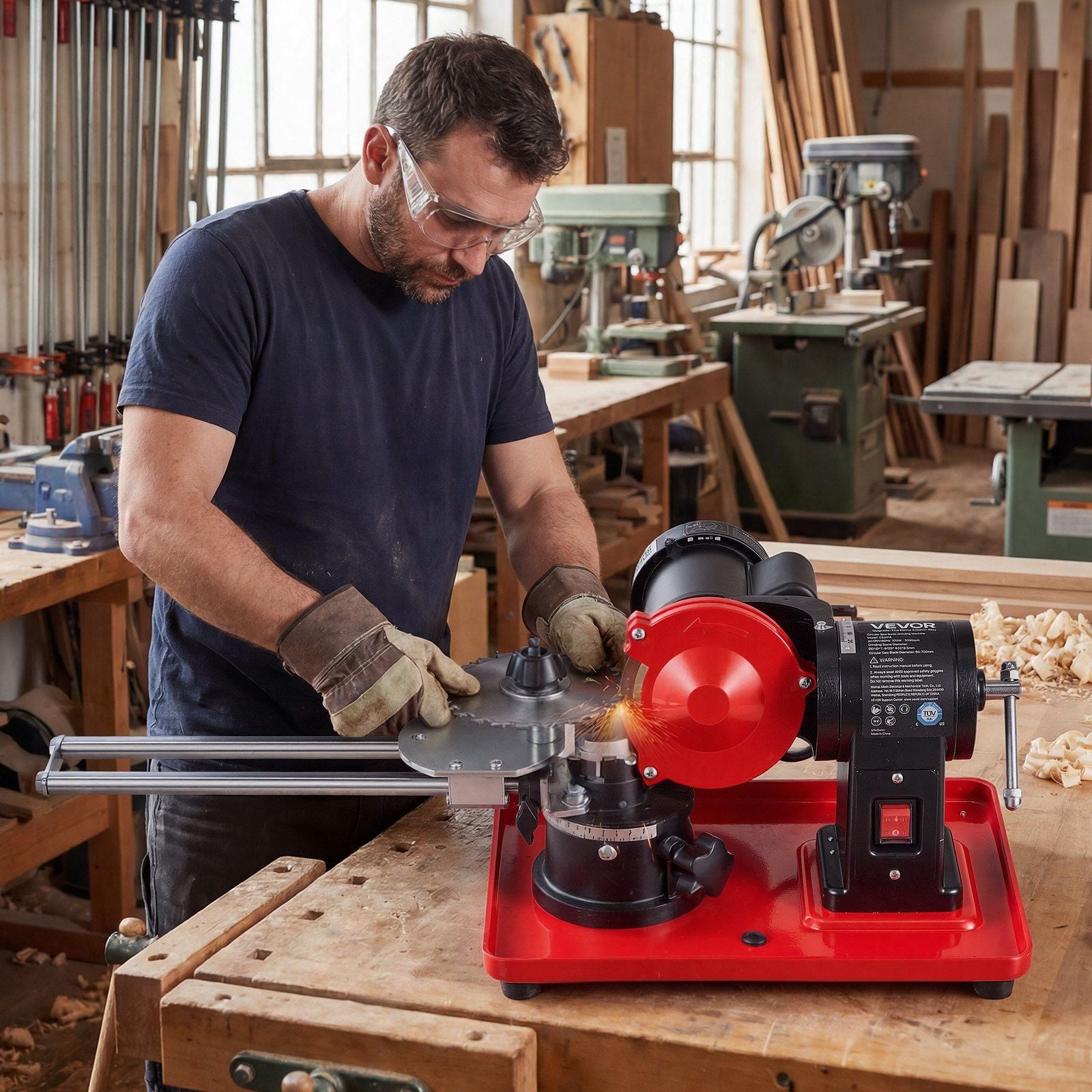 Circular Saw Blade Sharpener, 370W 2890RPM Rotary Angle Mill Grinder Sharpening Machine with 125mm Grinding Wheel & 6 Saw Centerings - Fits Φ80mm to Φ700mm Circular Saw Blades
