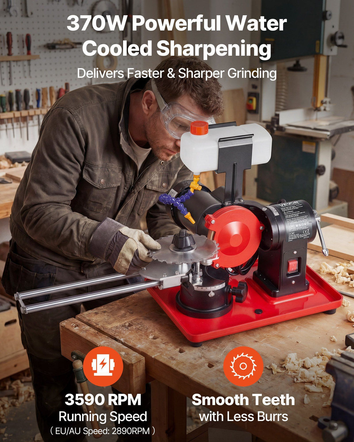 Circular Saw Blade Sharpener with Water Tank, 370W 2890RPM Rotary Angle Mill Grinder, Water Injection Sharpening Machine with 125mm Grinding Wheel - Fits Φ80mm to Φ700mm Circular Saw Blades