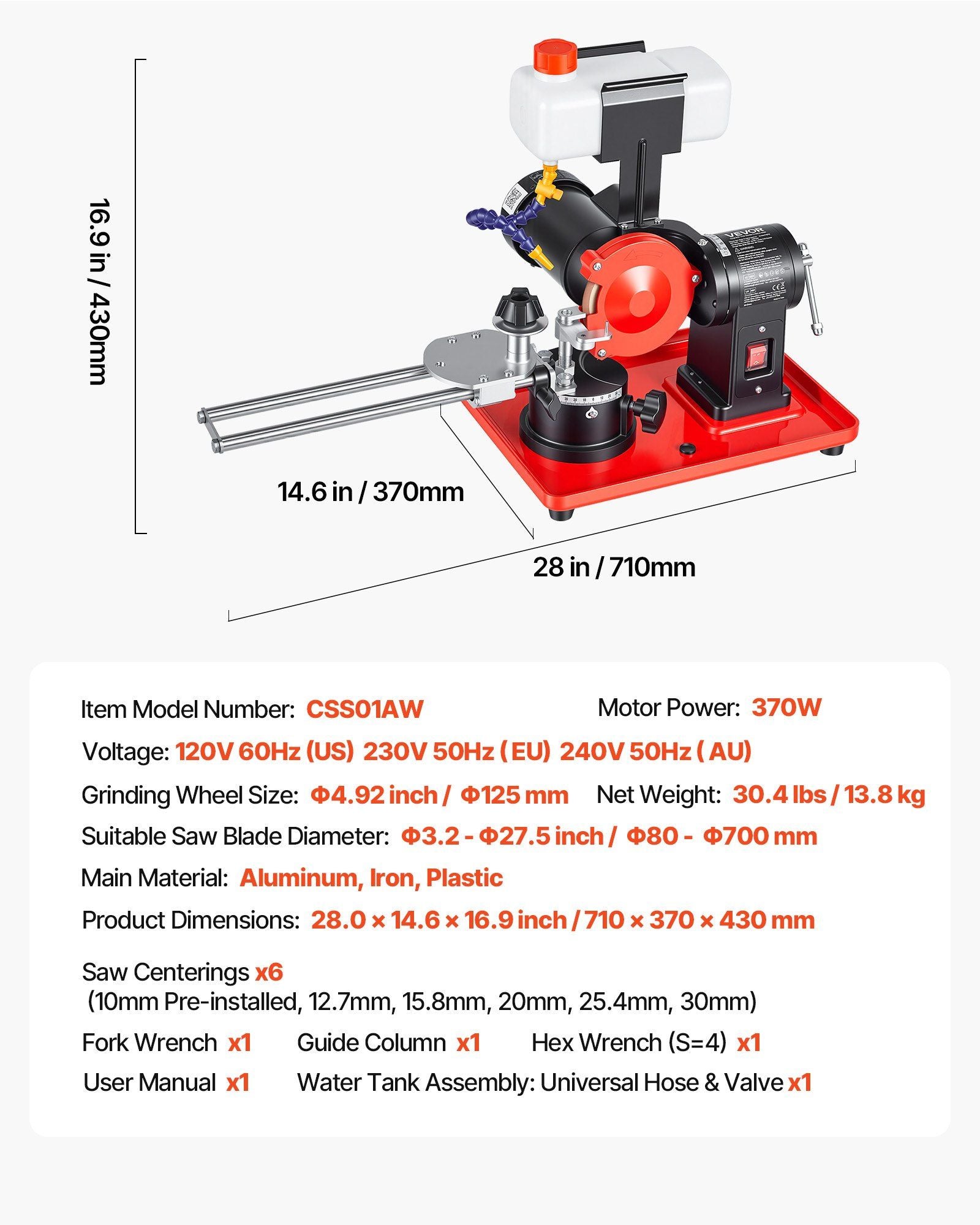 Circular Saw Blade Sharpener with Water Tank, 370W 2890RPM Rotary Angle Mill Grinder, Water Injection Sharpening Machine with 125mm Grinding Wheel - Fits Φ80mm to Φ700mm Circular Saw Blades