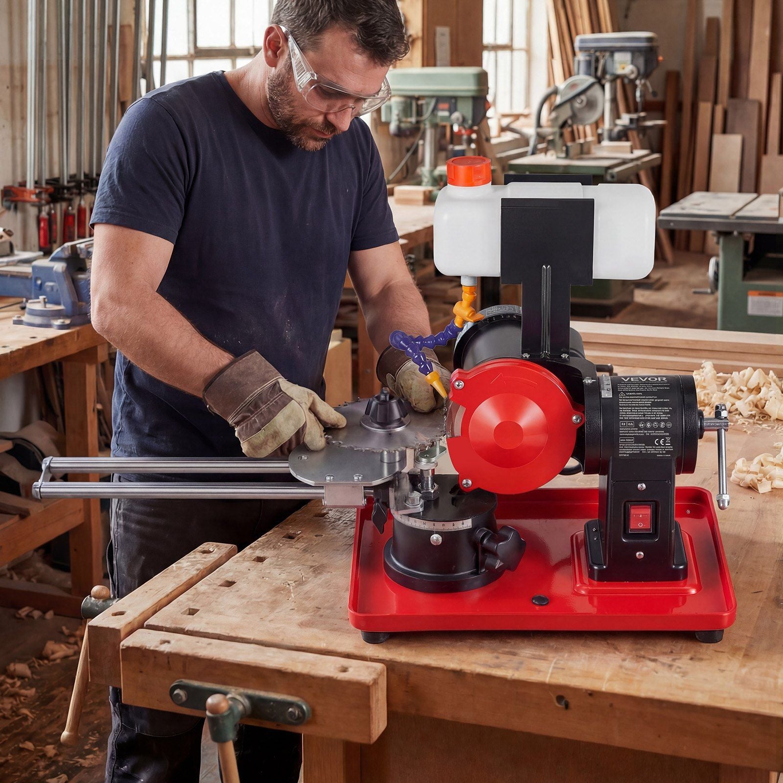 Circular Saw Blade Sharpener with Water Tank, 370W 2890RPM Rotary Angle Mill Grinder, Water Injection Sharpening Machine with 125mm Grinding Wheel - Fits Φ80mm to Φ700mm Circular Saw Blades