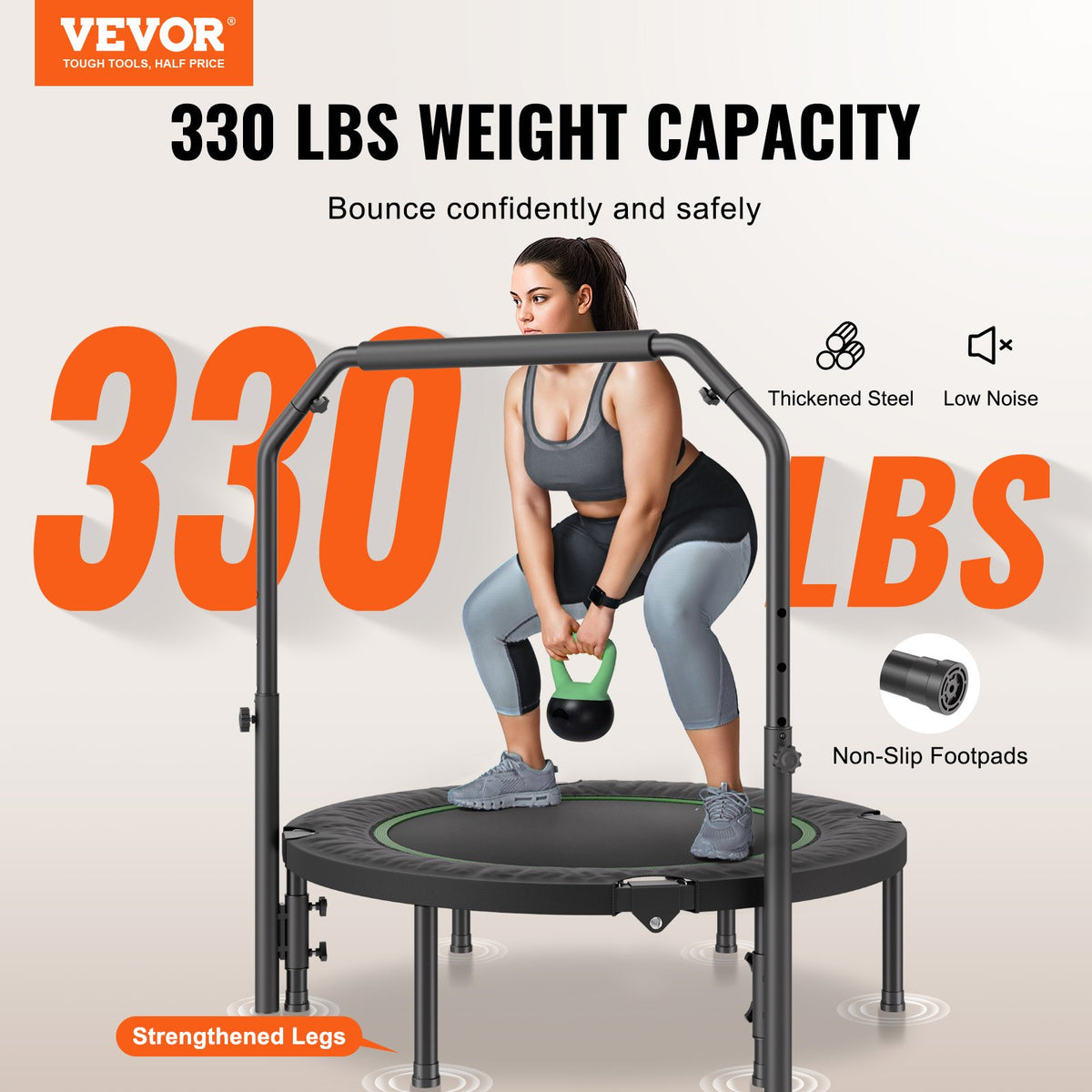 VEVOR Foldable Mini Trampoline, 40 Inch Fitness Rebounder, Max Load 330lbs Exercise Trampoline, Stable & Quiet Trampoline with 4 Level Height Adjustable Foam Handle, for Adults Indoor/Garden Workout