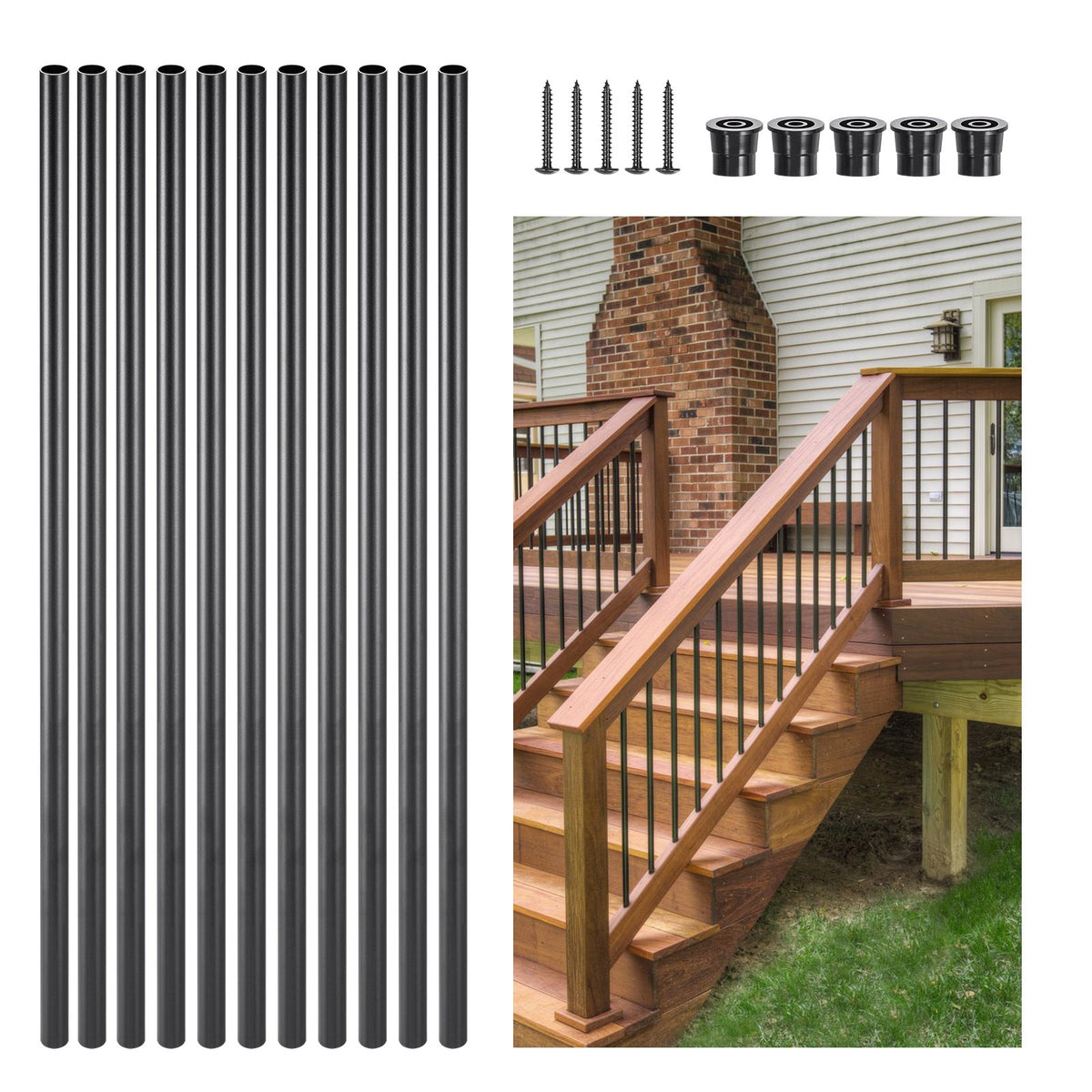 VEVOR Staircase Balusters 101 Pack, 660 mm Aluminum Stair Balusters, 19 mm Water-Proof Round Metal Spindle Railing, Hollow Deck Railing with Rail Caps & Screws for Stairs, Porch, Patio, Matte Black