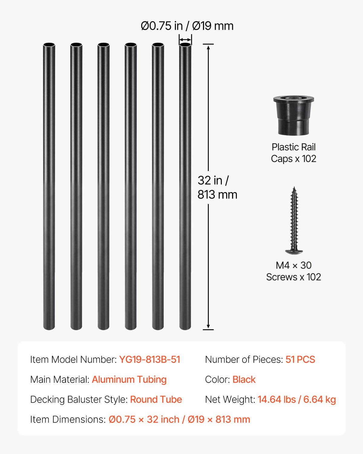 VEVOR Staircase Balusters 51 Pack, 813 mm Aluminum Stair Balusters, 19 mm Water-Proof Round Metal Spindle Railing, Hollow Deck Railing with Rail Caps & Screws for Stairs, Porch, Patio, Matte Black