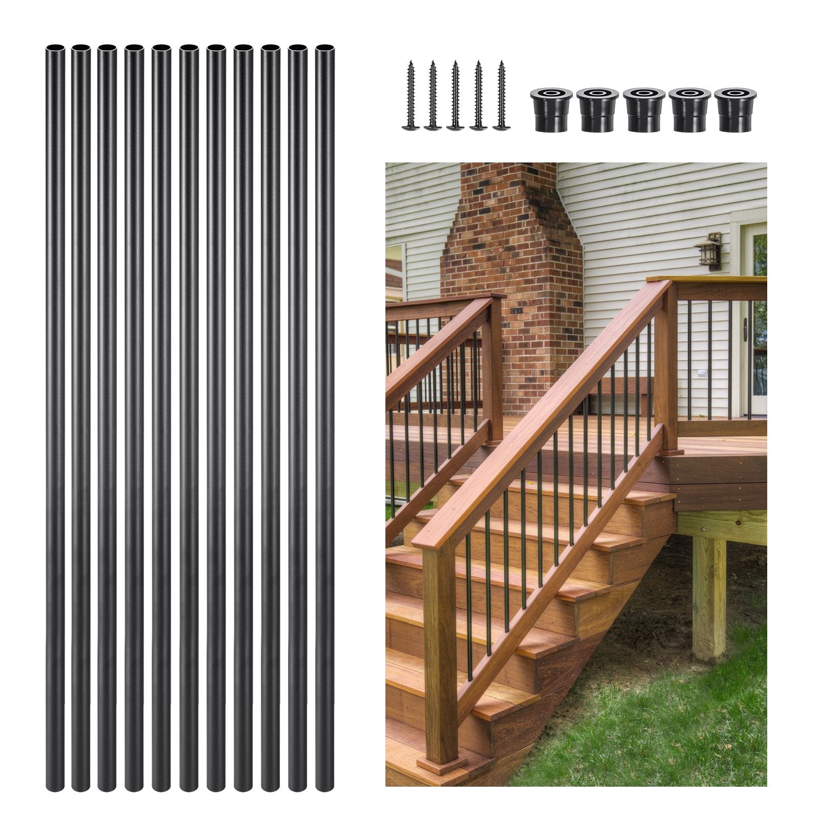 VEVOR Staircase Balusters 51 Pack, 813 mm Aluminum Stair Balusters, 19 mm Water-Proof Round Metal Spindle Railing, Hollow Deck Railing with Rail Caps & Screws for Stairs, Porch, Patio, Matte Black