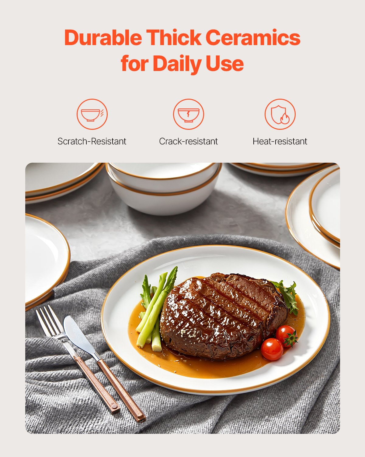 VEVOR 18 PCS Dinnerware Set Ceramic Plates and Bowls Sets Service for 6 White