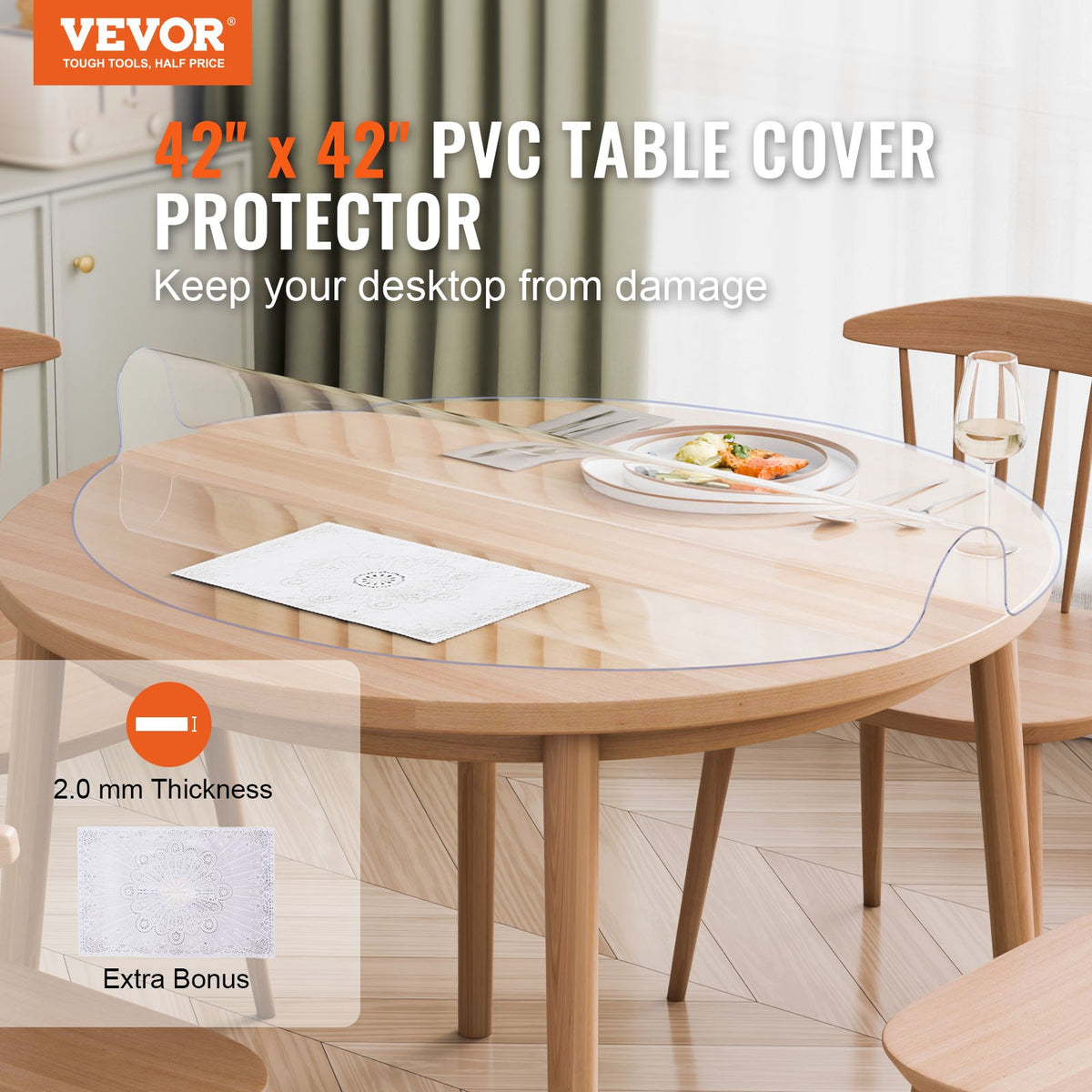 VEVOR Plastic Table Cover, 42 x 42 Inch 2.0 mm Thick Clear Table Protector, Round PVC Desk Mat, Waterproof & Easy Cleaning Desk Pad Tablecloth, for Office Dresser Dining Room Table Night Stand
