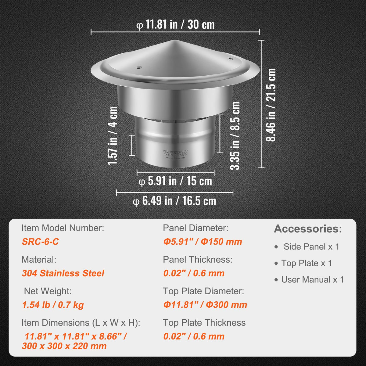 VEVOR Chimney Cap 6-inch 304 Stainless Steel Round Roof Rain Cap Cover Silver