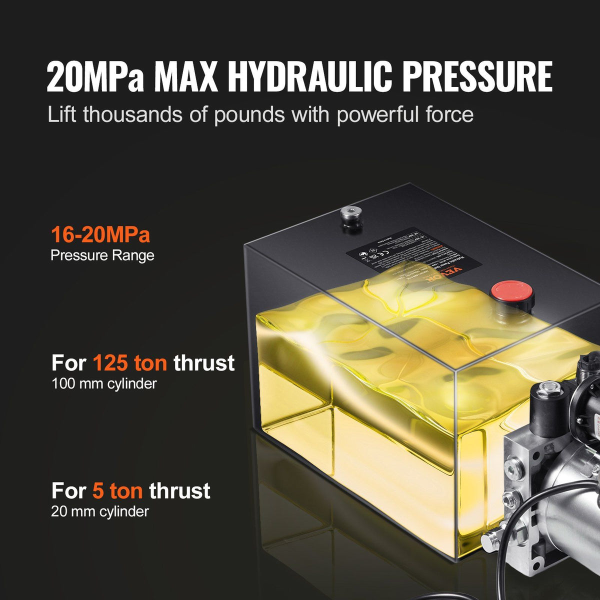 Hydraulic Pump, 20 Quart Hydraulic Power Unit, Single Acting Dump Trailer Pump, 0.91 GPM Flow Rate, 3200 PSI Max Relief Pressure, DC 12V Hydraulic Pump for Dump Trailer Car Lifting