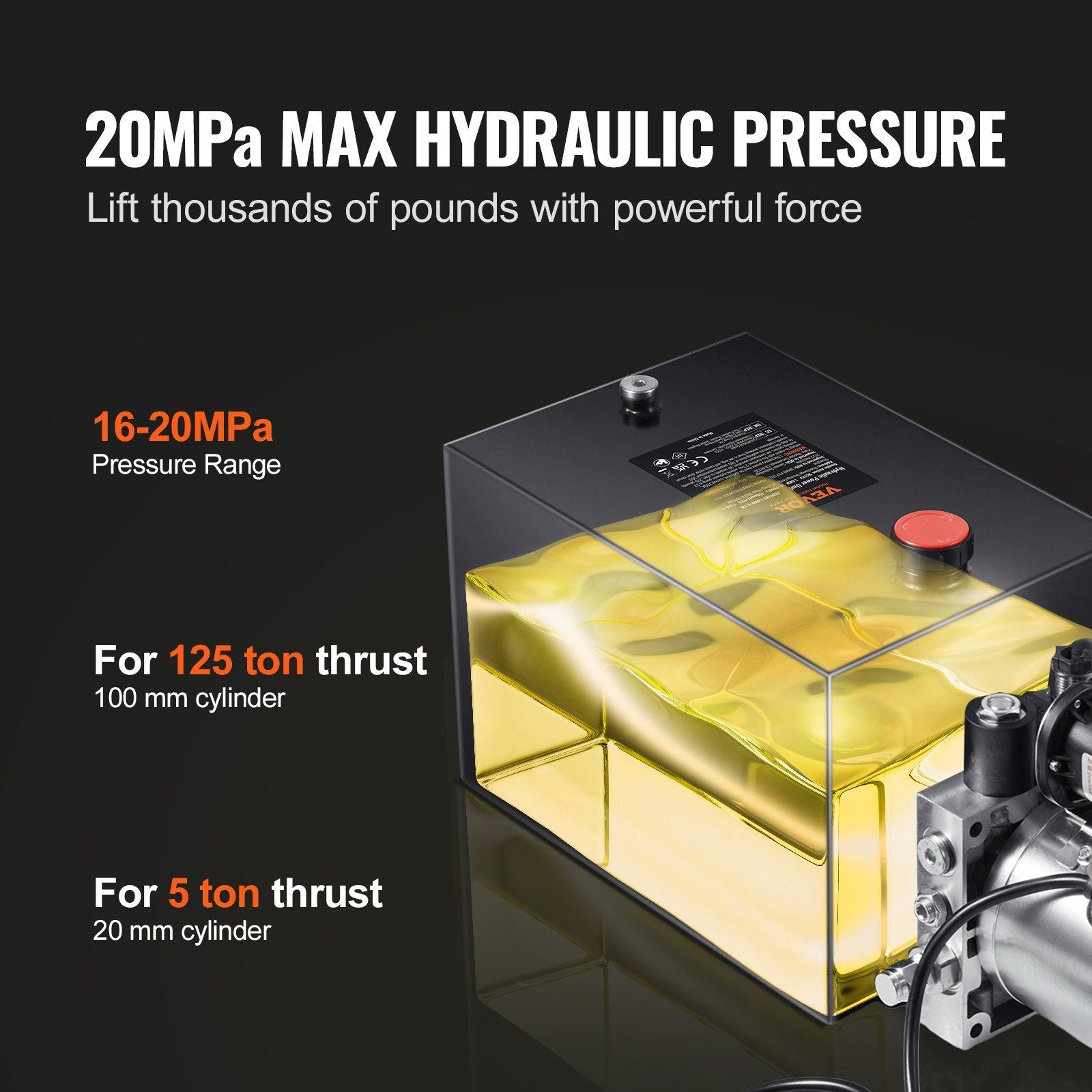 Hydraulic Pump, 20 Quart Hydraulic Power Unit, Single Acting Dump Trailer Pump, 0.91 GPM Flow Rate, 3200 PSI Max Relief Pressure, DC 12V Hydraulic Pump for Dump Trailer Car Lifting