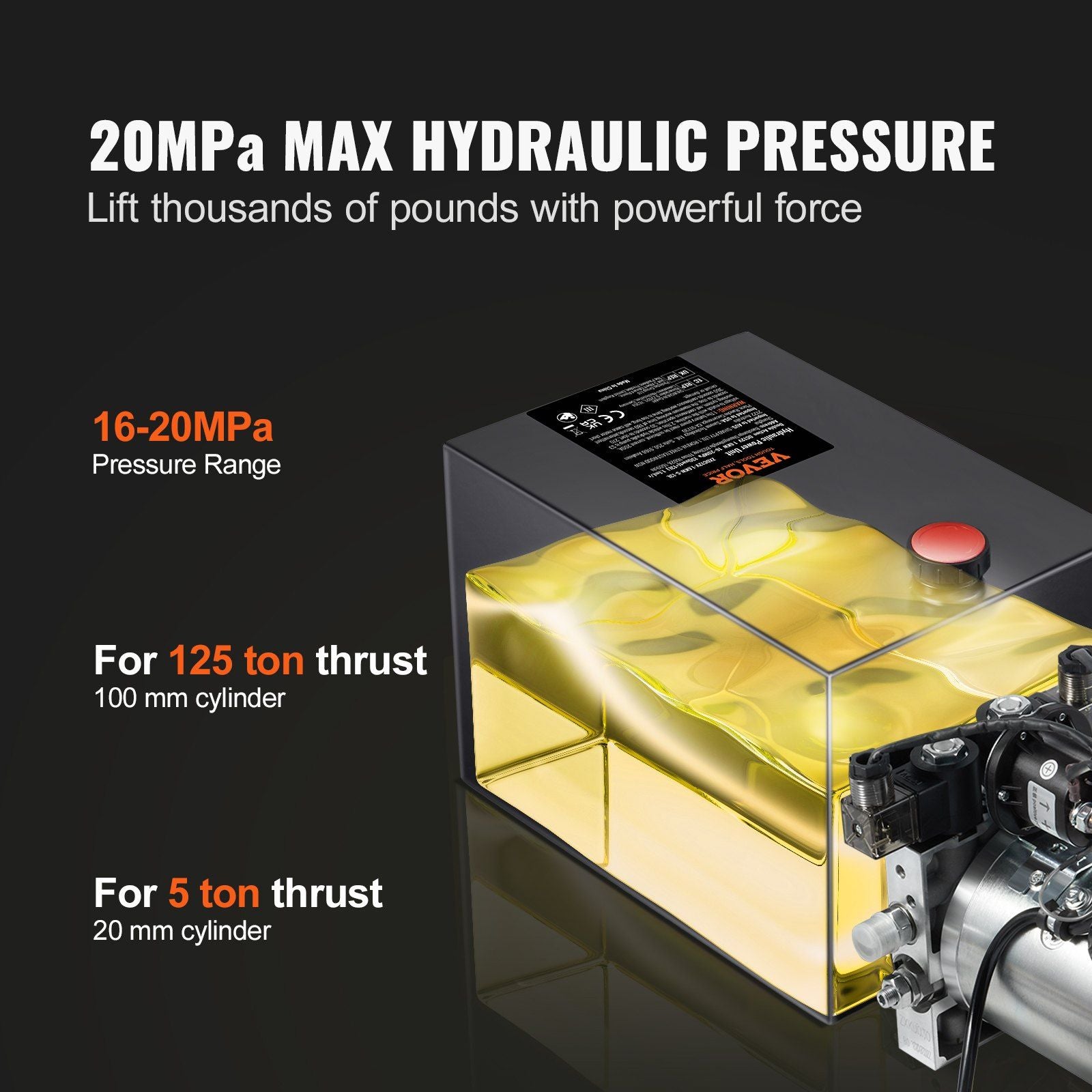 Hydraulic Pump, 6 Quart Hydraulic Power Unit, Double Acting Dump Trailer Pump, 0.91 GPM Flow Rate, 3200 PSI Max Relief Pressure, DC 12V Hydraulic Pump for Dump Trailer Car Lifting