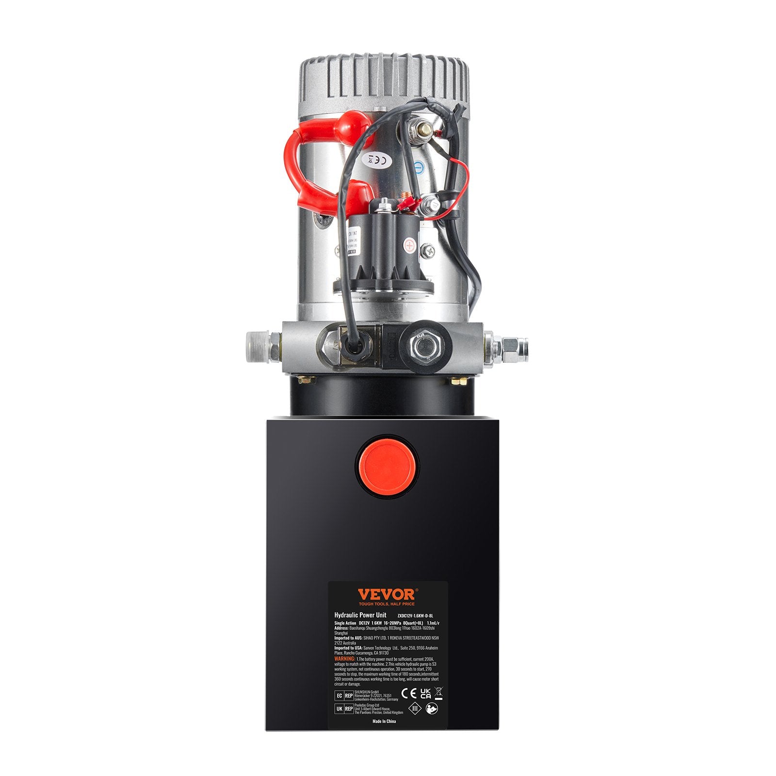 VEVOR Hydraulic Pump, 8 Quart Hydraulic Power Unit, Single Acting Dump Trailer Pump, 0.91 GPM Flow Rate, 3200 PSI Max Relief Pressure, DC 12V Hydraulic Pump for Dump Trailer Car Lifting