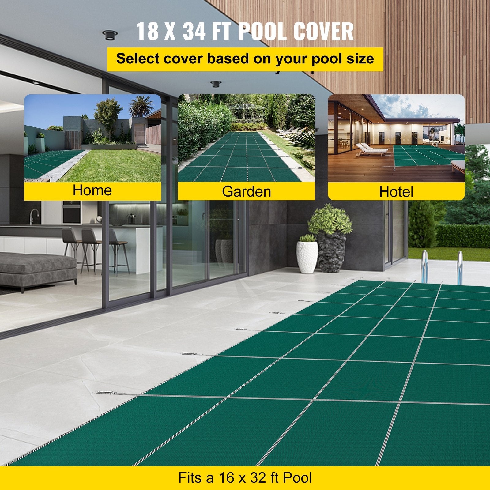 VEVOR Pool Safety Cover Fits 16x32ft Rectangle Inground Safety Pool Cover Green Mesh with 4x8ft Center End Steps Solid Pool Safety Cover for Swimming Pool Winter Safety Cover