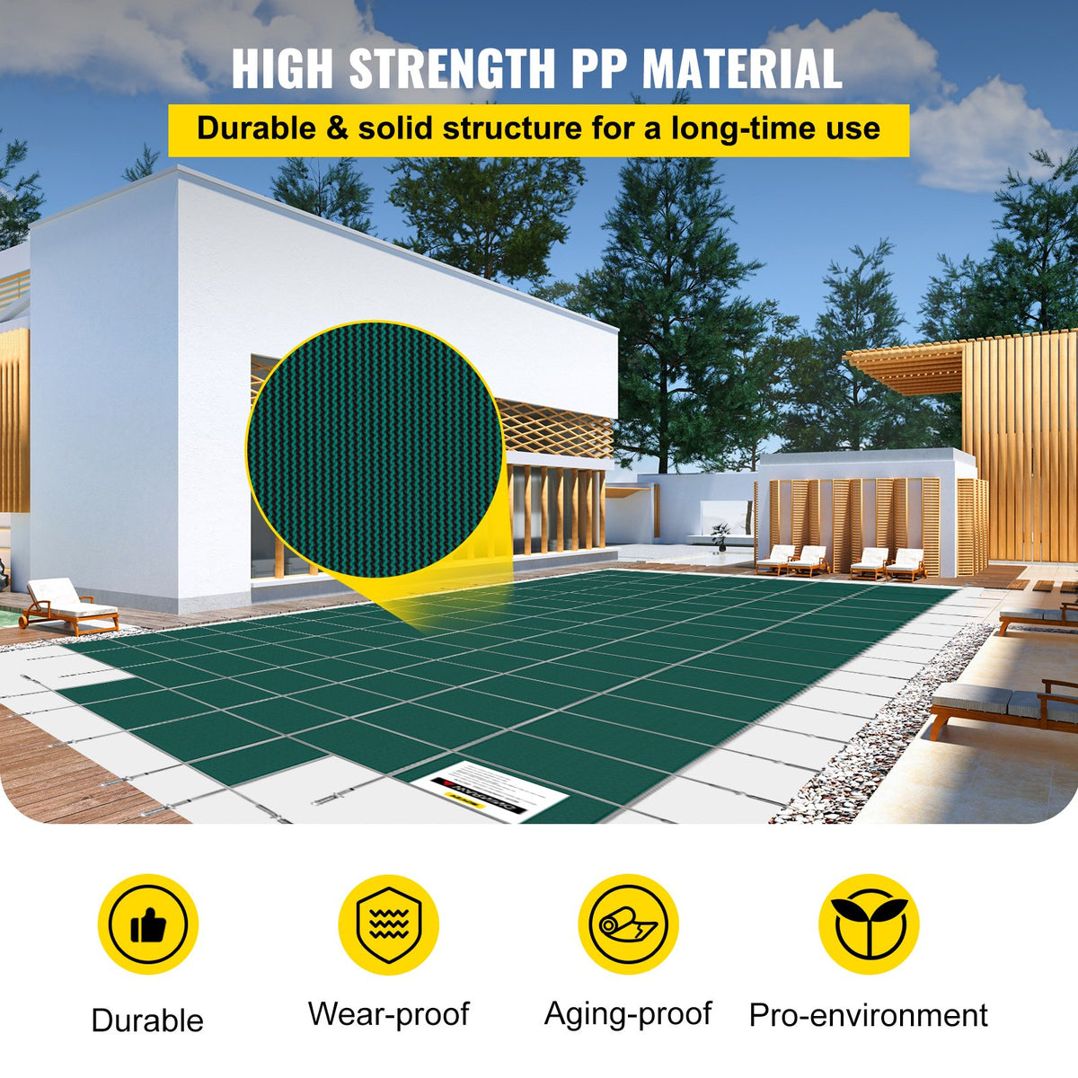 VEVOR Pool Safety Cover Fits 16x32ft Rectangle Inground Safety Pool Cover Green Mesh with 4x8ft Center End Steps Solid Pool Safety Cover for Swimming Pool Winter Safety Cover