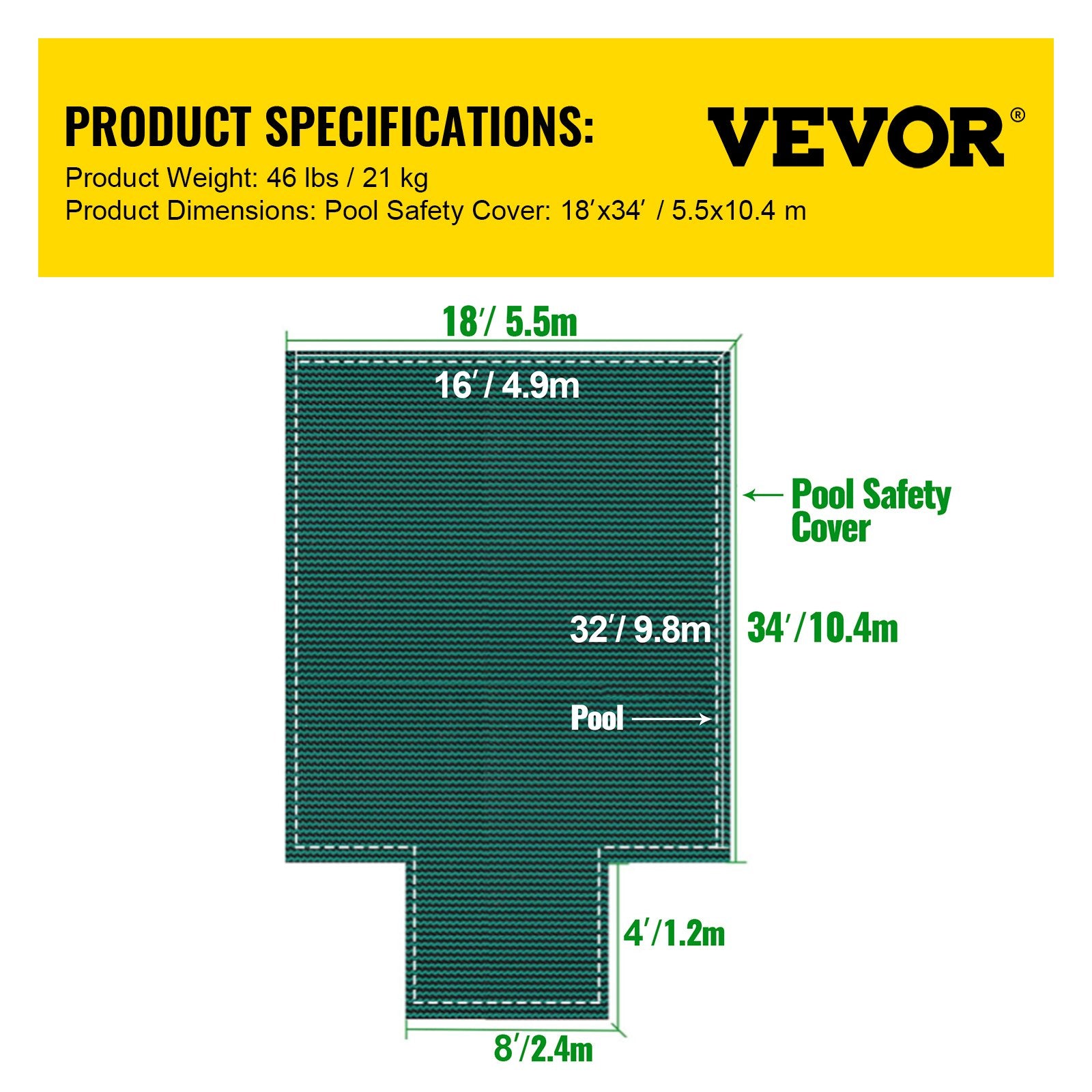 VEVOR Pool Safety Cover Fits 16x32ft Rectangle Inground Safety Pool Cover Green Mesh with 4x8ft Center End Steps Solid Pool Safety Cover for Swimming Pool Winter Safety Cover