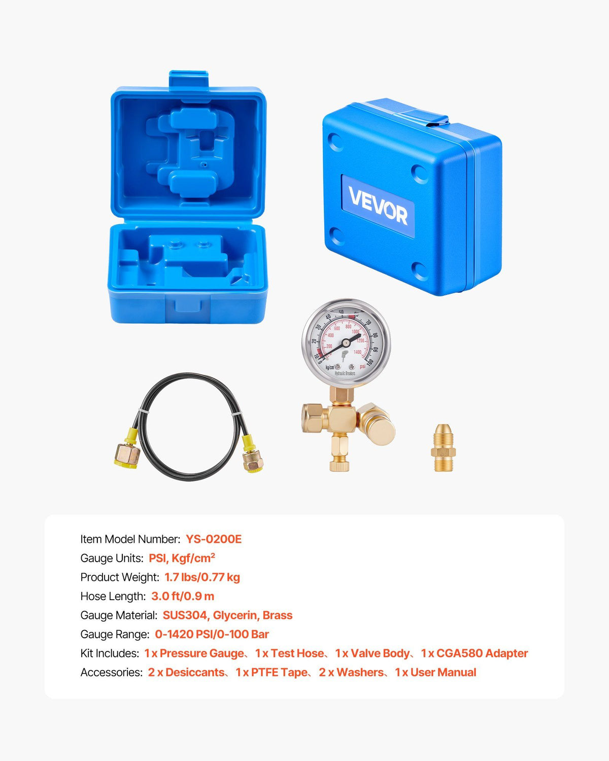 Hydraulic Nitrogen Accumulator Charging Kit, 0-100 Bar Nitrogen Fill Kit, Pressure Test System with 1 Pressure Gauge, 1 Gas Hose, 1 Valve Body and 1 CGA580 Adapter for Construction Machinery