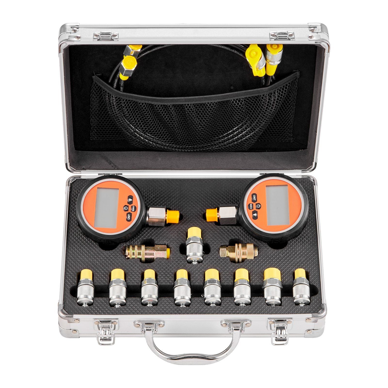 Digital Hydraulic Pressure Test Coupling Kit, 700 Bar Pressure Gauge Manometer Tester with 2 Gauges, 9 Test Couplings, 2 Quick-Release Couplers, 2 Hoses for Excavator Construction Machinery