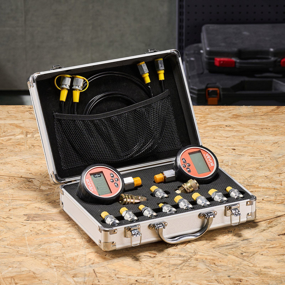 Digital Hydraulic Pressure Test Coupling Kit, 700 Bar Pressure Gauge Manometer Tester with 2 Gauges, 9 Test Couplings, 2 Quick-Release Couplers, 2 Hoses for Excavator Construction Machinery