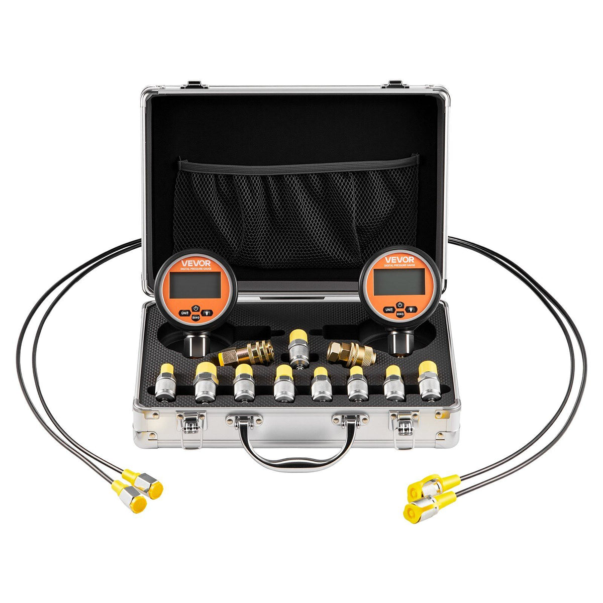 Digital Hydraulic Pressure Test Coupling Kit, 700 Bar Pressure Gauge Manometer Tester with 2 Gauges, 9 Test Couplings, 2 Quick-Release Couplers, 2 Hoses for Excavator Construction Machinery