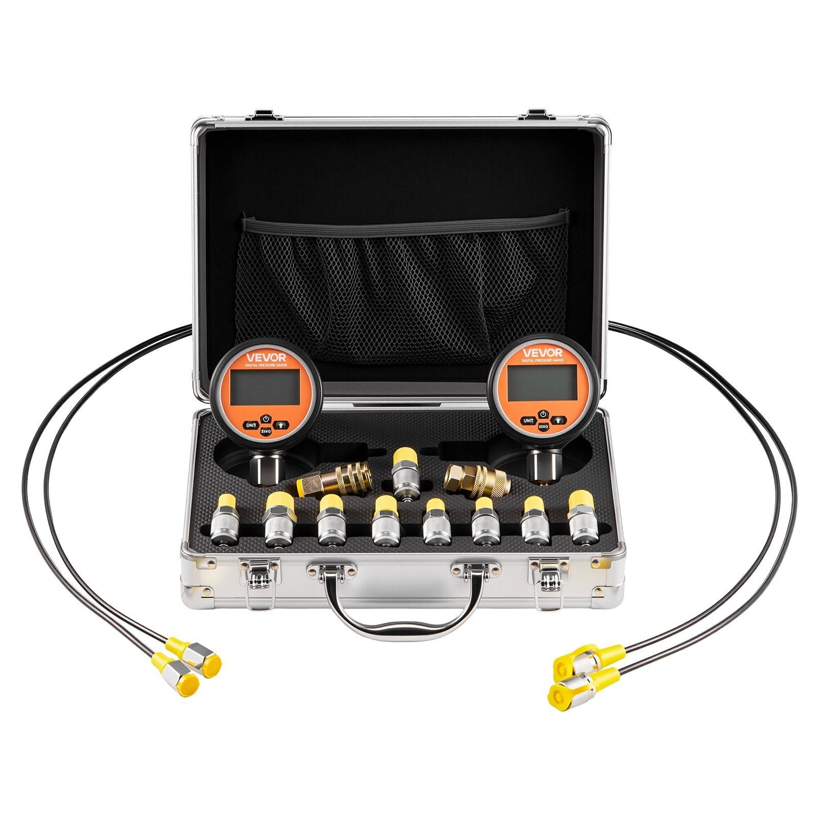 Digital Hydraulic Pressure Test Coupling Kit, 700 Bar Pressure Gauge Manometer Tester with 2 Gauges, 9 Test Couplings, 2 Quick-Release Couplers, 2 Hoses for Excavator Construction Machinery