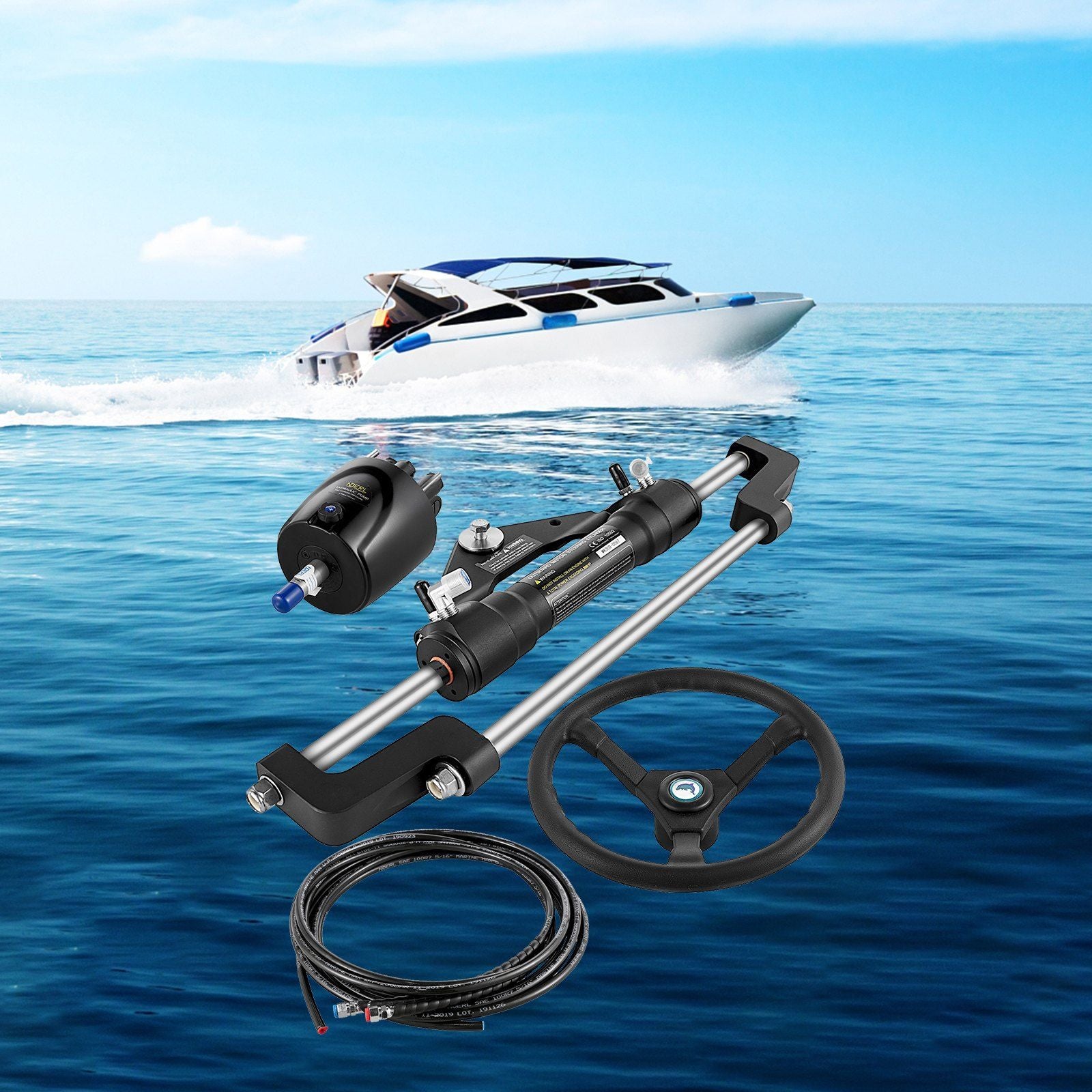 Hydraulic Boat Steering Kit, 300HP Hydraulic Steering Helm Pump, Aluminum Alloy Steering Cylinder, 13.5\" Steering Wheel with 10\" Hydraulic Steering Hose for Boat Steering System