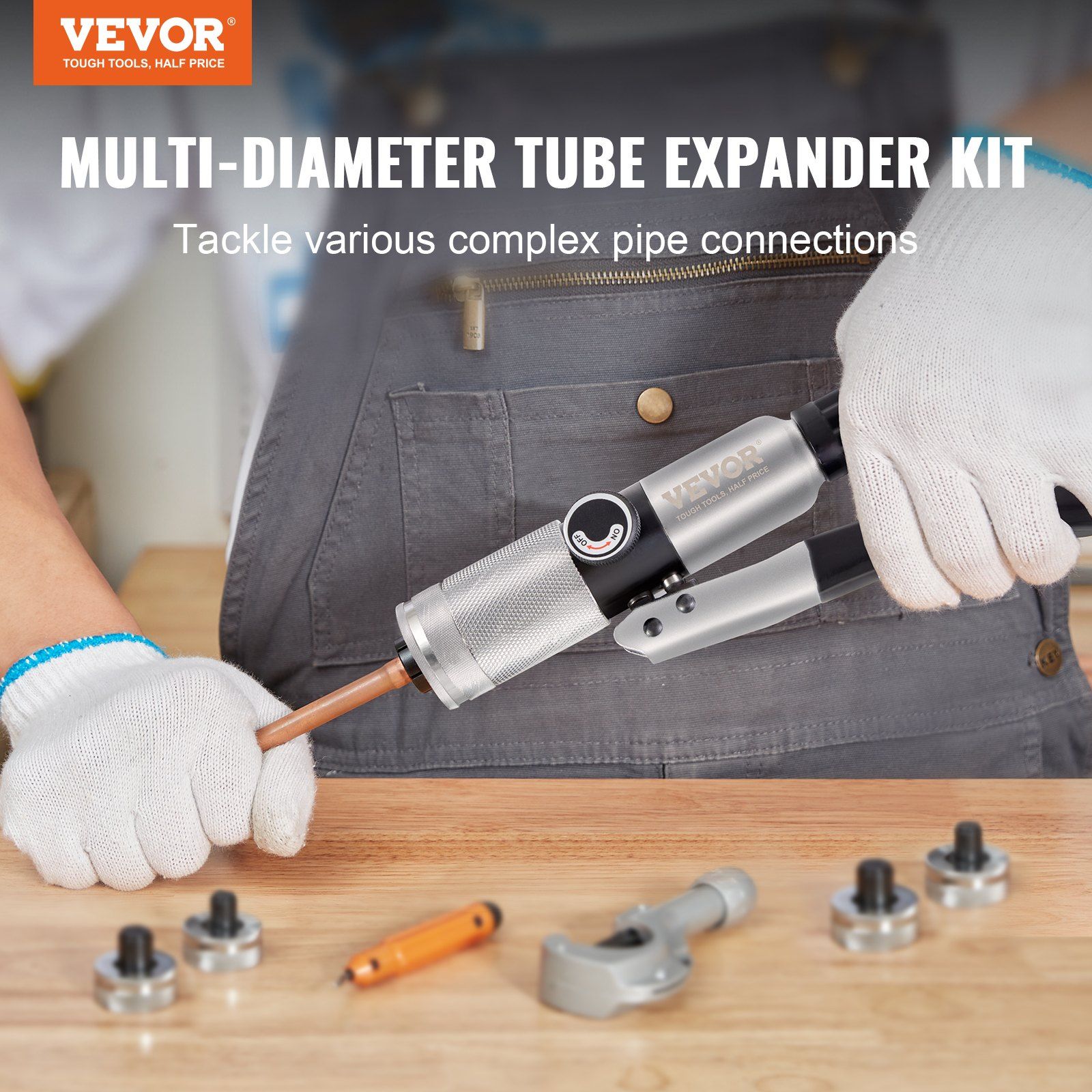 Hydraulic Tube Expander, 3/8" to 1-1/8" OD, HAVC Hydraulic Swaging Tool with 7 Pipe Expander Heads, Deburring Tool, Pipe Cutter for Copper Aluminum Brass Soft Steel Pipes