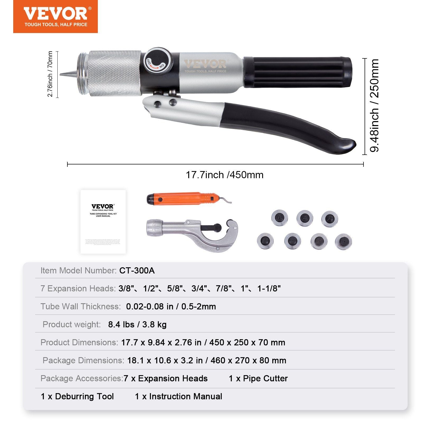 Hydraulic Tube Expander, 3/8" to 1-1/8" OD, HAVC Hydraulic Swaging Tool with 7 Pipe Expander Heads, Deburring Tool, Pipe Cutter for Copper Aluminum Brass Soft Steel Pipes
