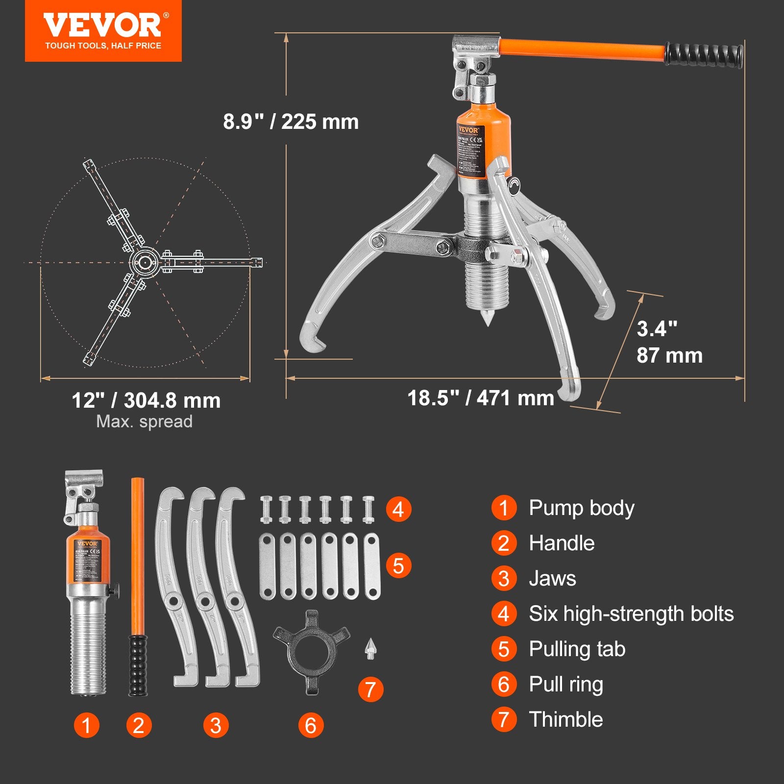 VEVOR Hydraulic Gear Puller 15 Ton Wheel Pulley Bearing 2 or 3-Jaw with Case