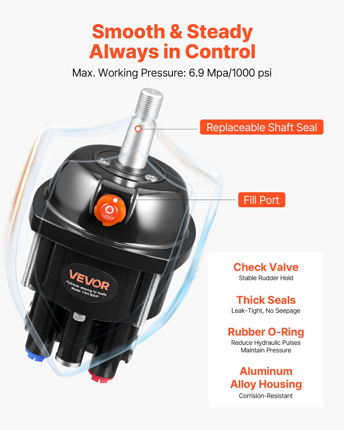 VEVOR Hydraulic Steering Kit, 90 HP, Marine Boat Hydraulic Steering System, with 6.9 MPa/1000 psi Helm Pump, Two-Way Lock Cylinder, and 6 m High-Strength Hoses, for Single Station, Single-Engine Use