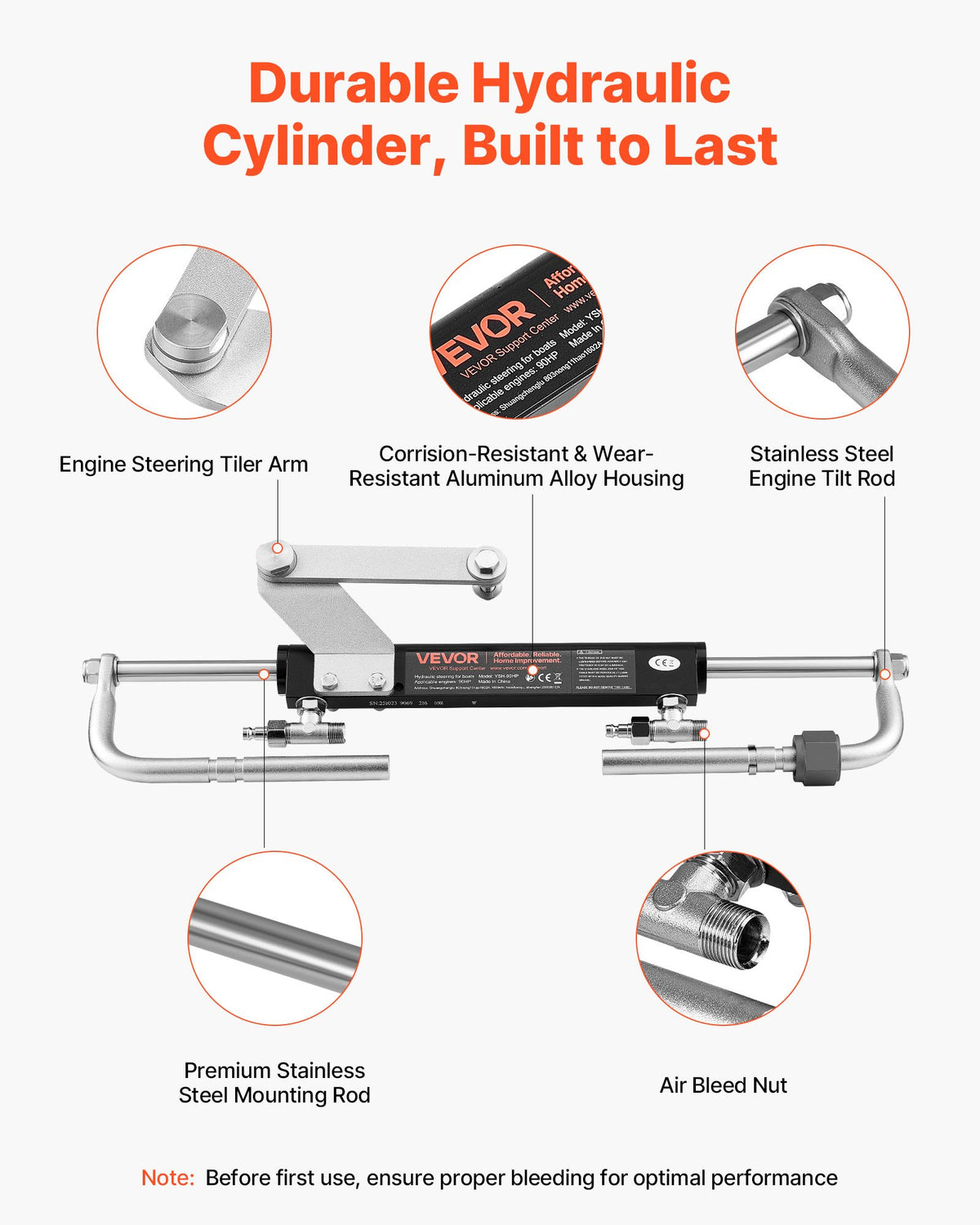 VEVOR Hydraulic Steering Kit, 90 HP, Marine Boat Hydraulic Steering System, with 6.9 MPa/1000 psi Helm Pump, Two-Way Lock Cylinder, and 6 m High-Strength Hoses, for Single Station, Single-Engine Use