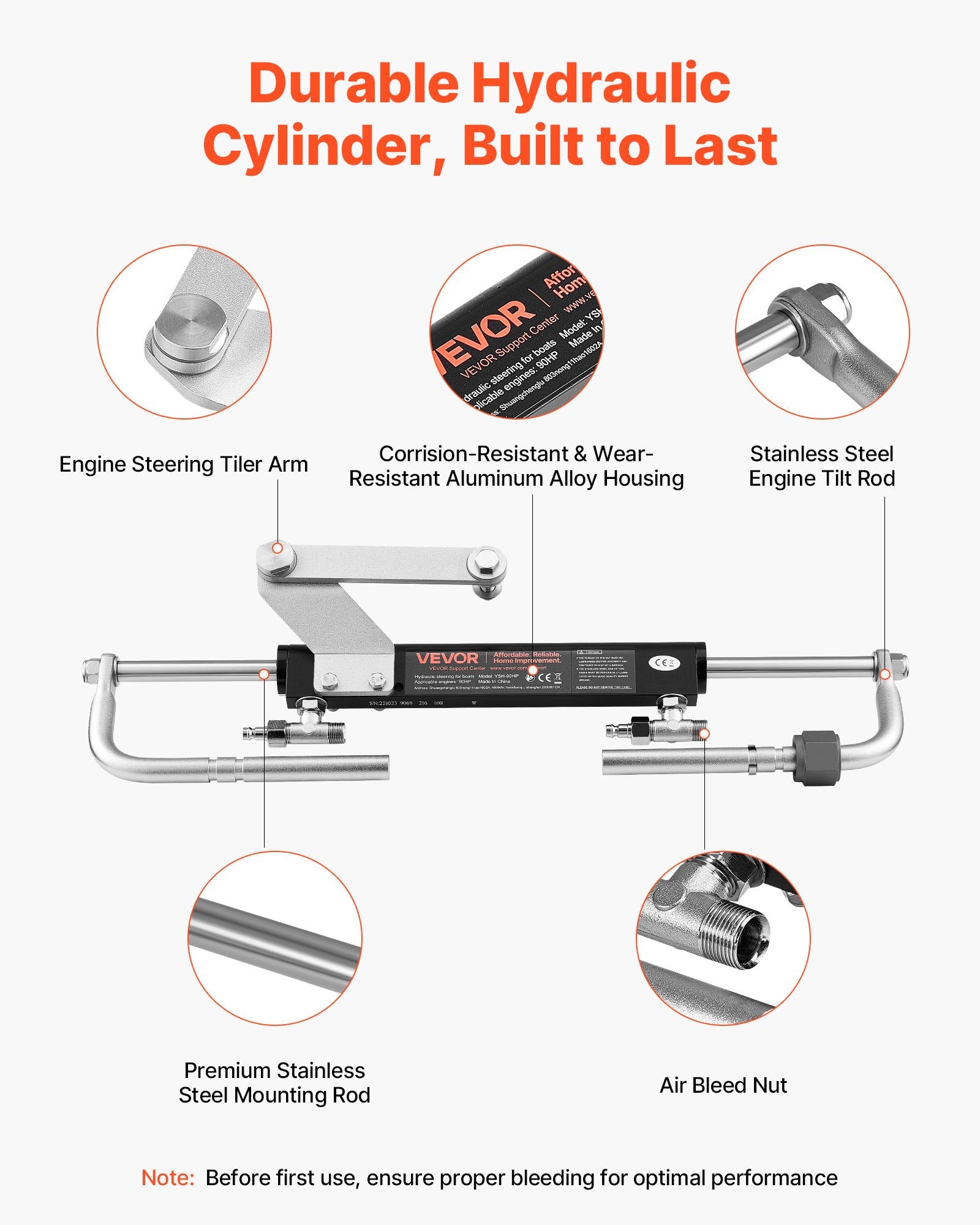 VEVOR Hydraulic Steering Kit, 90 HP, Marine Boat Hydraulic Steering System, with 6.9 MPa/1000 psi Helm Pump, Two-Way Lock Cylinder, and 6 m High-Strength Hoses, for Single Station, Single-Engine Use