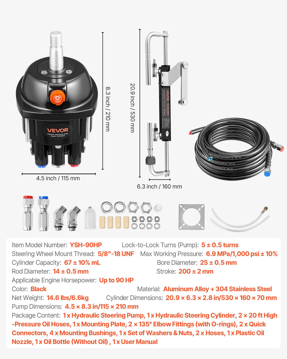 VEVOR Hydraulic Steering Kit, 90 HP, Marine Boat Hydraulic Steering System, with 6.9 MPa/1000 psi Helm Pump, Two-Way Lock Cylinder, and 6 m High-Strength Hoses, for Single Station, Single-Engine Use