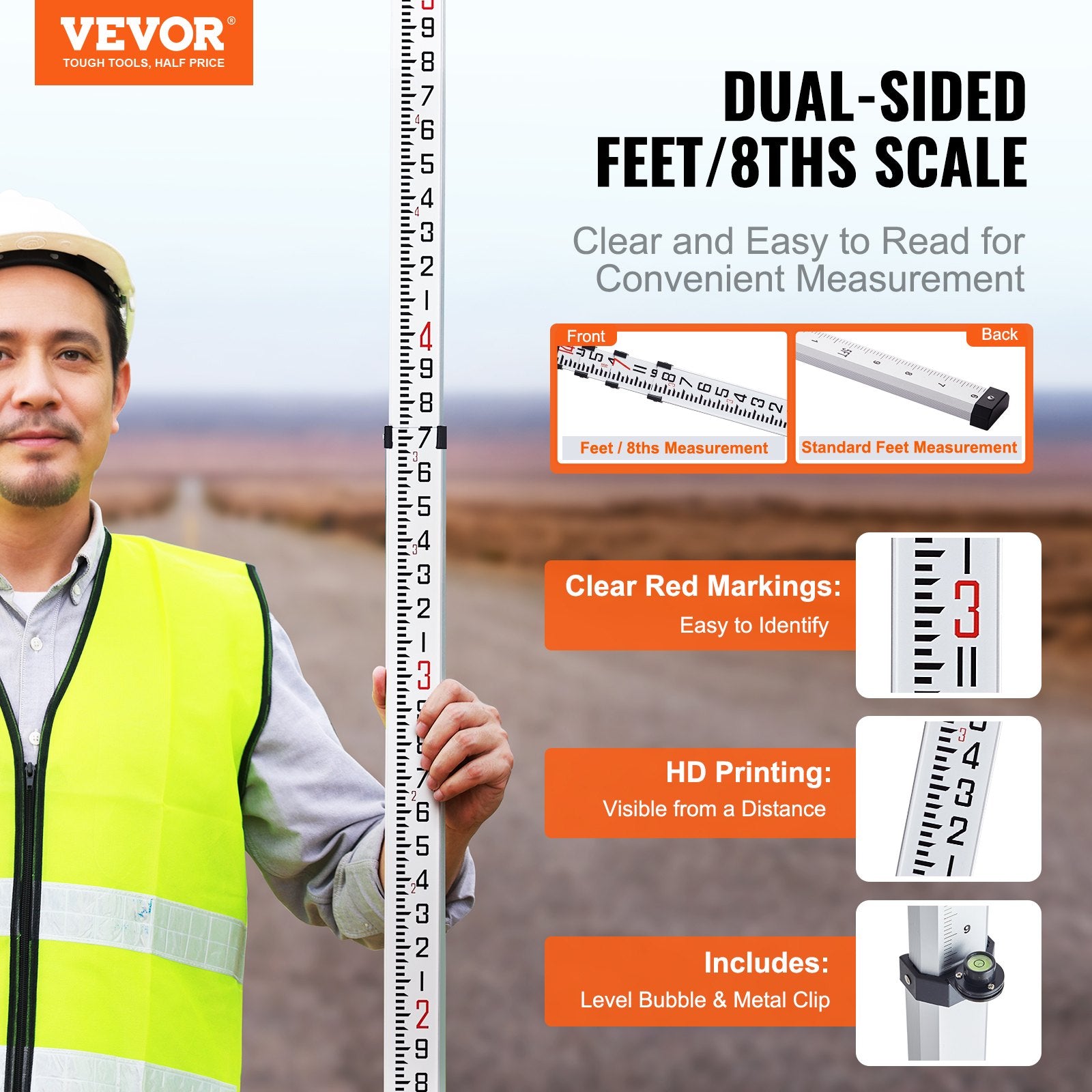 VEVOR Aluminum Grade Rod, 14-Feet/8ths 4 Sections Telescopic Measuring Rod, Double-Sided Scale 1/8in Leveling Rod Stick, Aluminum Alloy Survey Rod w/ Bubble Level &Carrying Bag for Houses,Walls,Floors