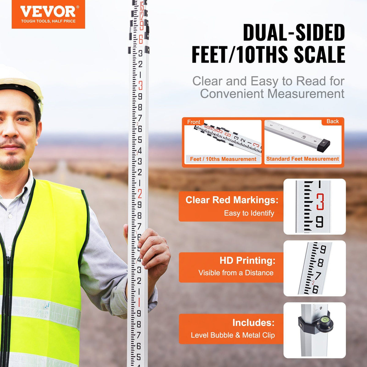 Aluminum Grade Rod, 18-Feet/10ths 6 Sections Telescopic Measuring Rod,Double-Sided Scale 1/10ft Leveling Rod Stick,Aluminum Alloy Survey Rod w/ Bubble Level &Carrying Bag for Houses,Walls,Floors