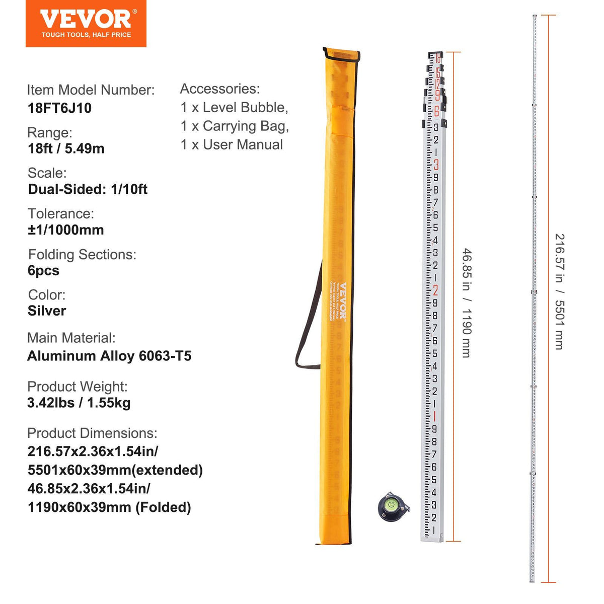 Aluminum Grade Rod, 18-Feet/10ths 6 Sections Telescopic Measuring Rod,Double-Sided Scale 1/10ft Leveling Rod Stick,Aluminum Alloy Survey Rod w/ Bubble Level &Carrying Bag for Houses,Walls,Floors