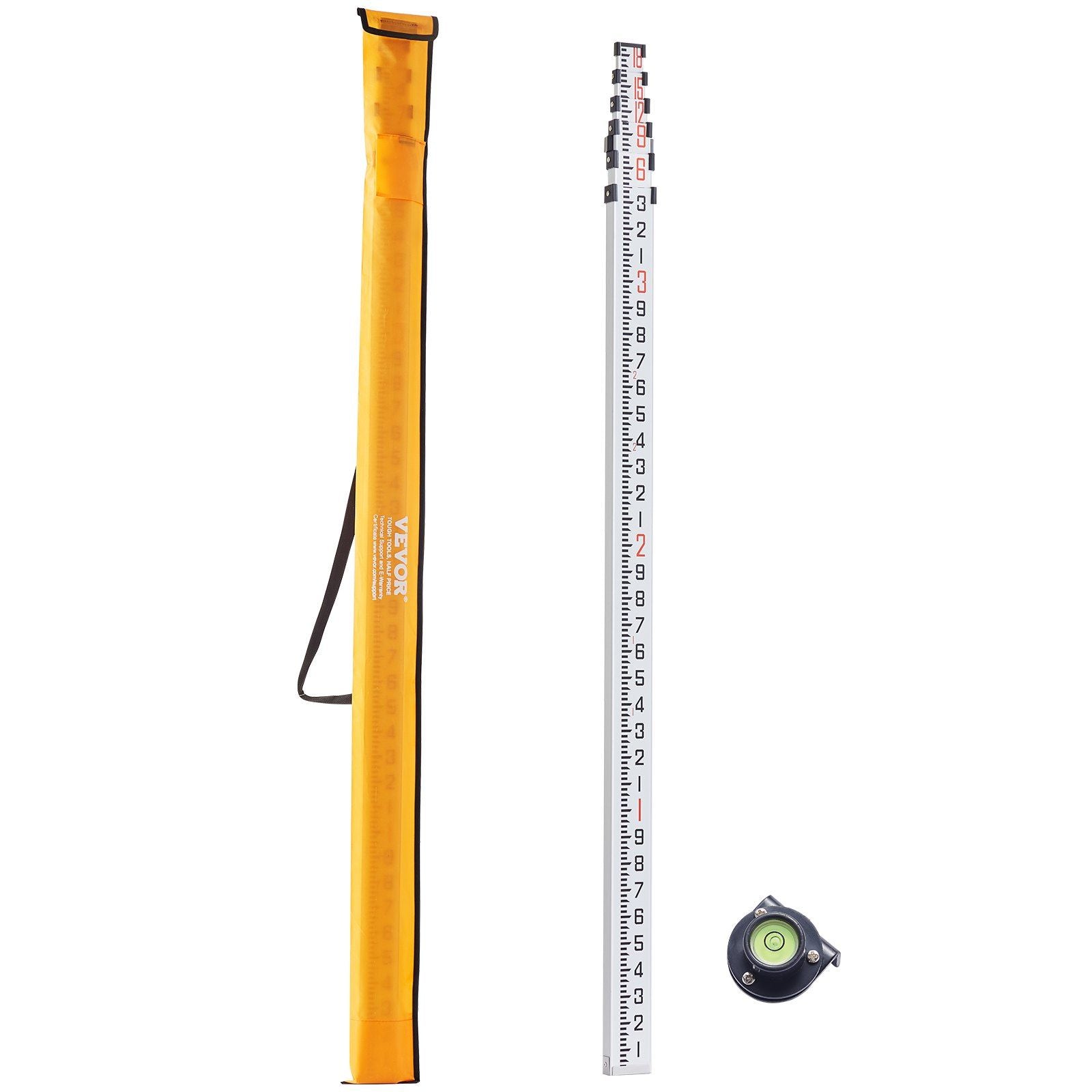 Aluminum Grade Rod, 18-Feet/10ths 6 Sections Telescopic Measuring Rod,Double-Sided Scale 1/10ft Leveling Rod Stick,Aluminum Alloy Survey Rod w/ Bubble Level &Carrying Bag for Houses,Walls,Floors
